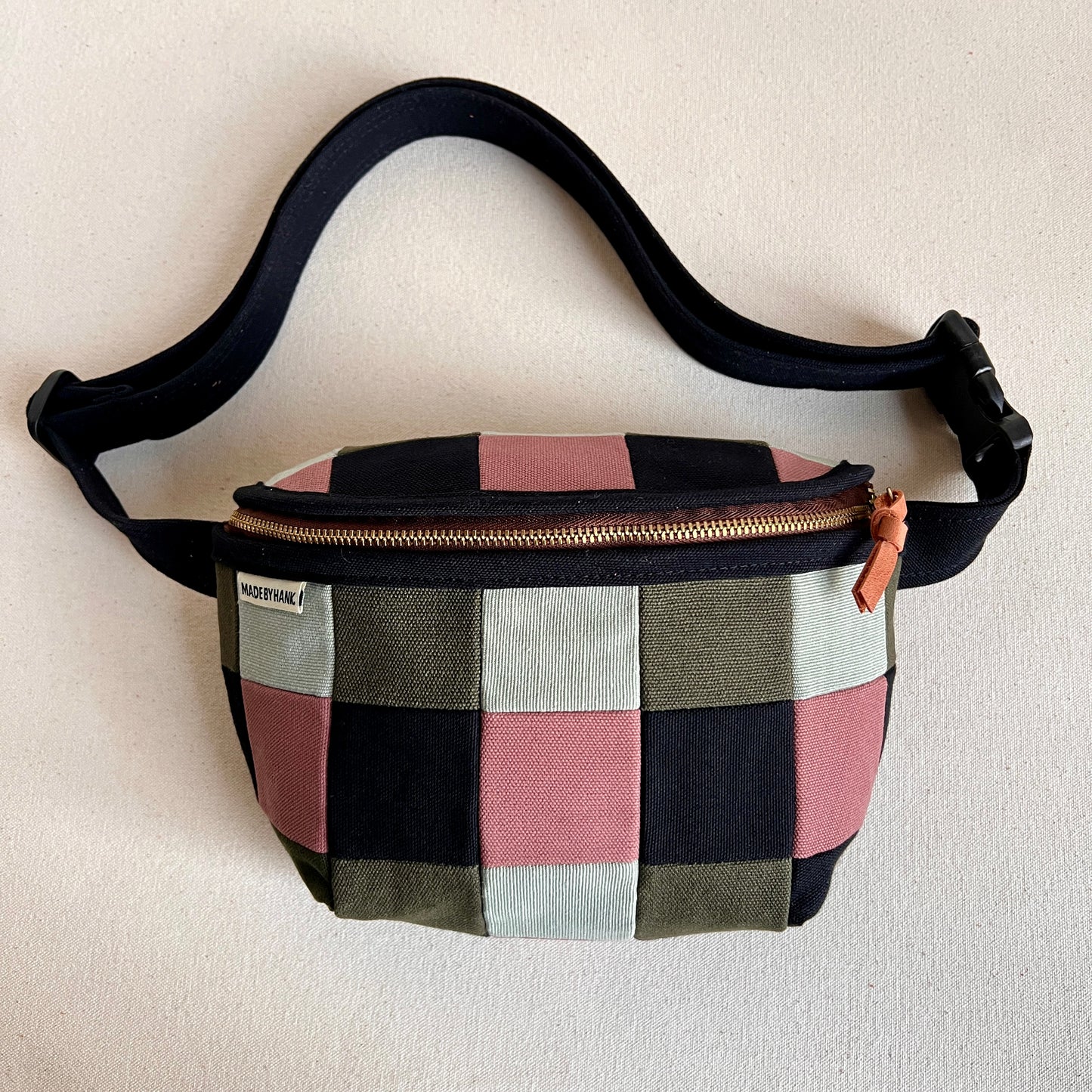 checkerboard fanny bag, mauve/seaglass/black/forest