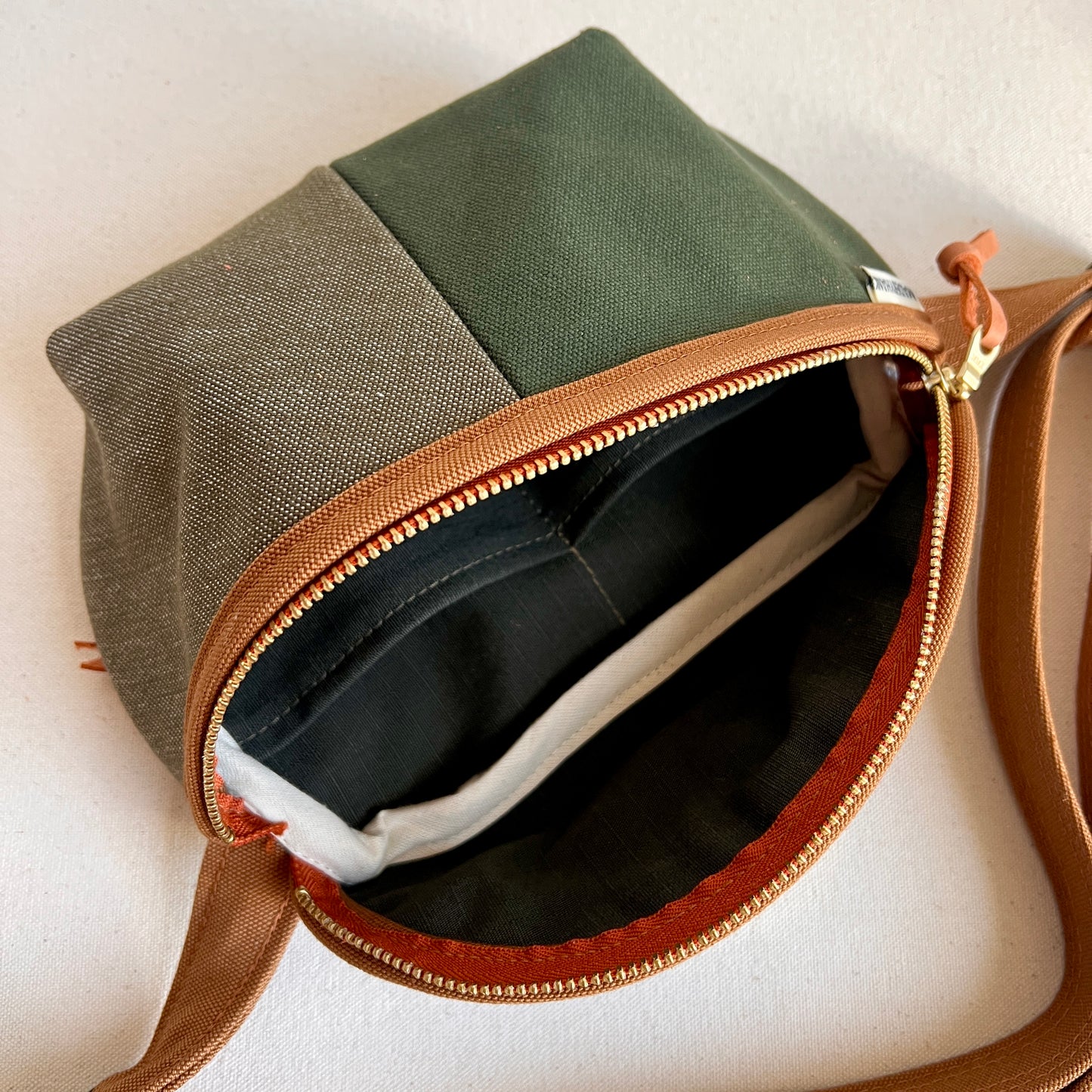 color block fanny bag, forest and muted olive