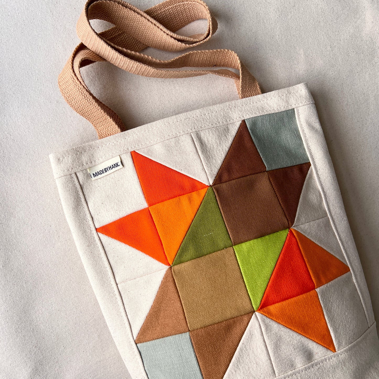 small quilt star tote, orange/lime/avocado/pale seaglass