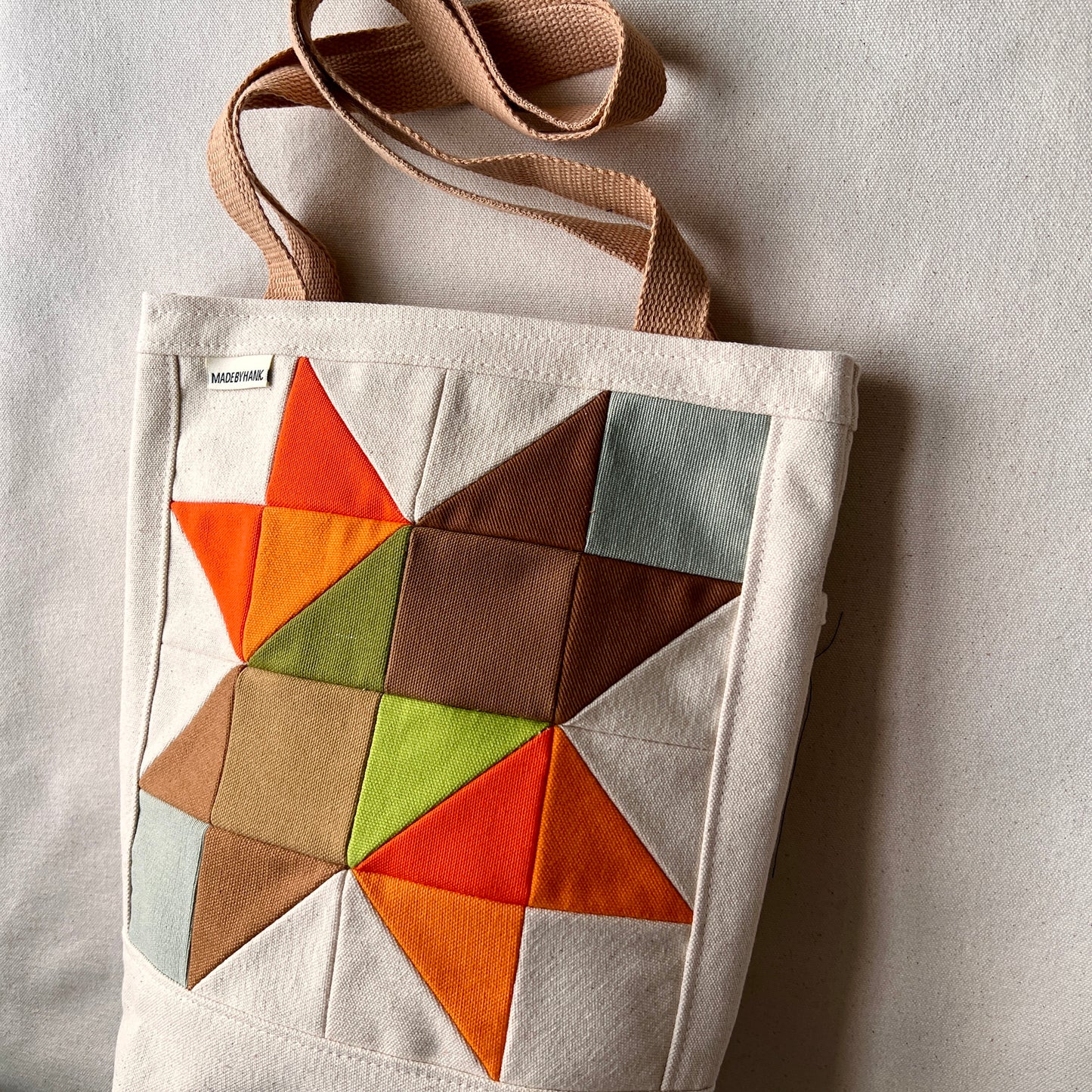 small quilt star tote, orange/lime/avocado/pale seaglass