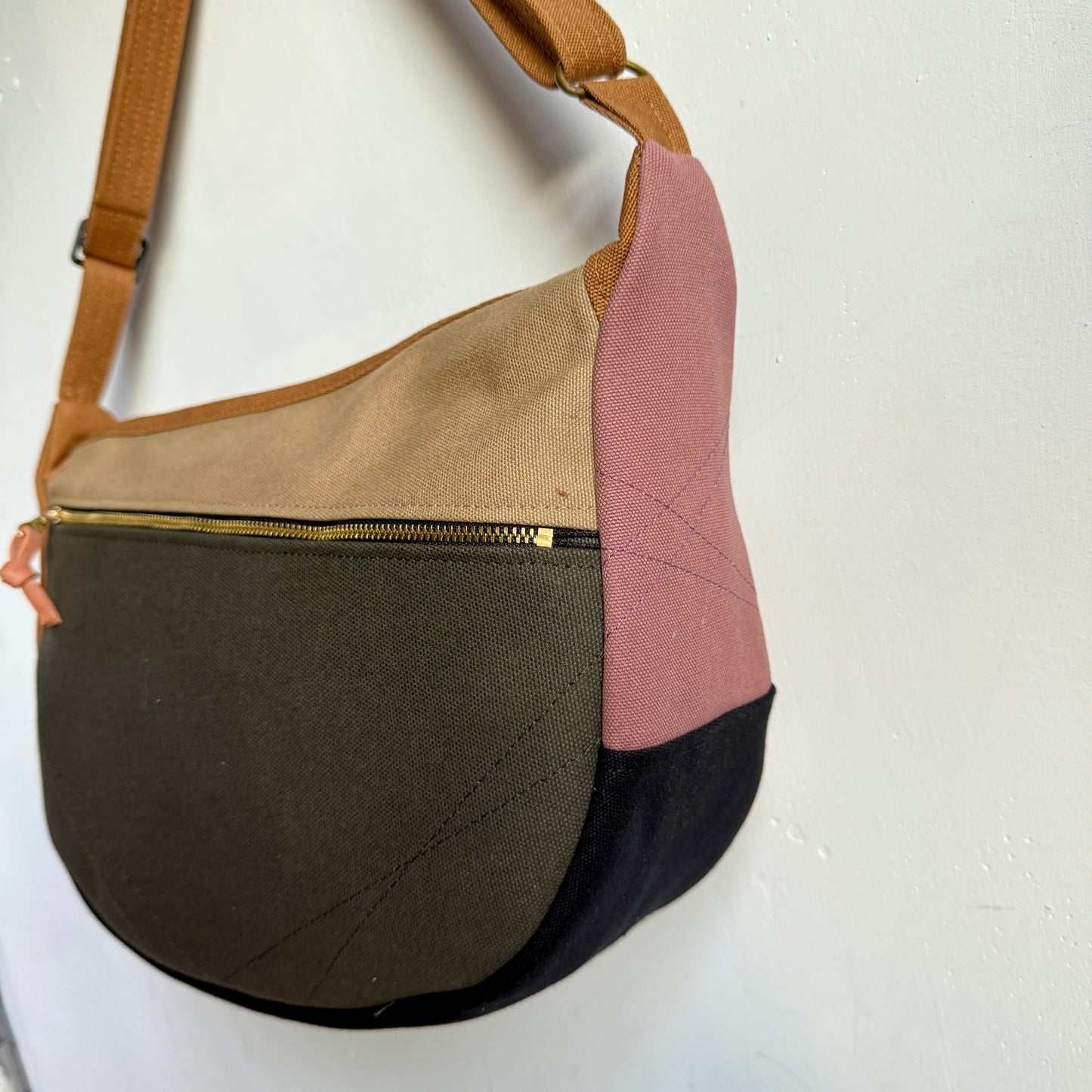 crescent shoulder bag, caramel with mauve/forest/natural/espresso