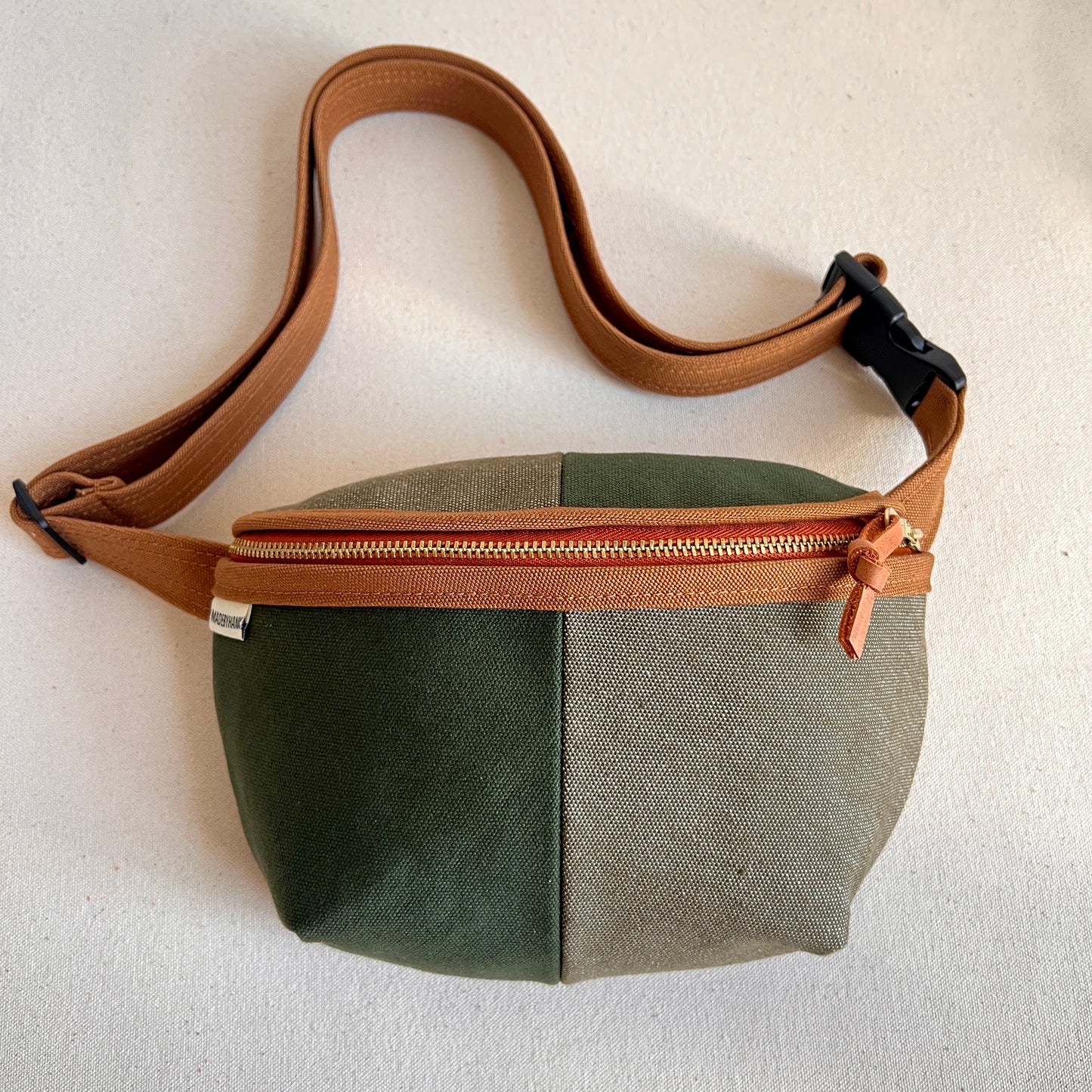 color block fanny bag, forest and muted olive