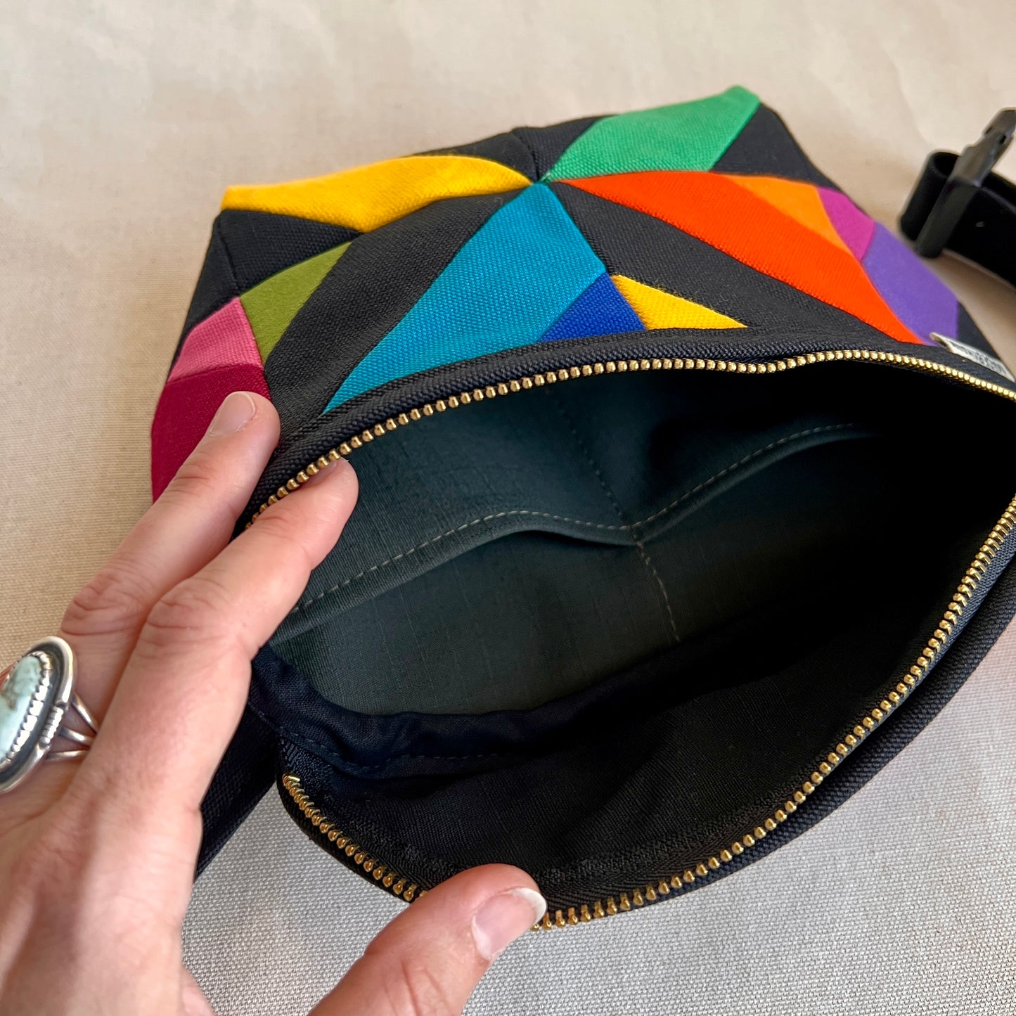 kaleidoscope fanny bag, extra bright rainbow-ish (black)