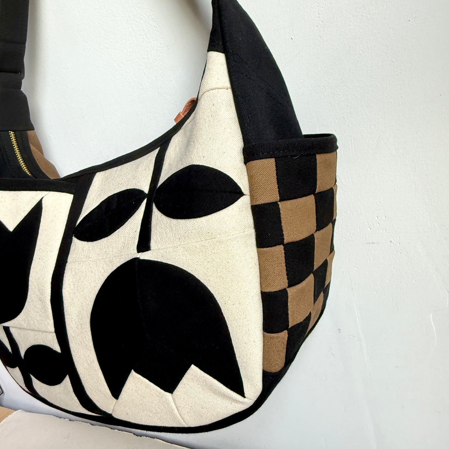 **PRE-ORDER** Large Crescent Shoulder Bag, Natural with Black Tulips