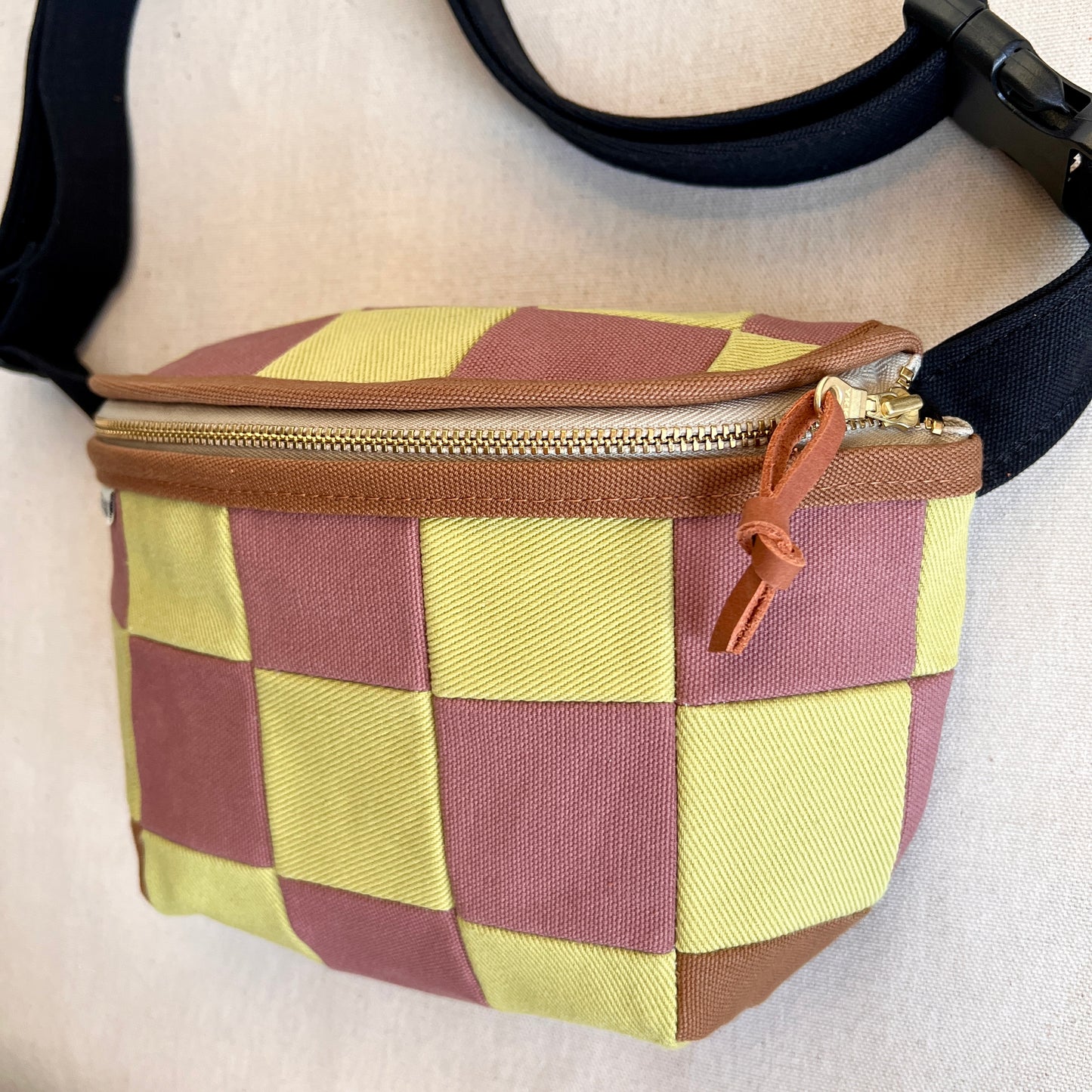 checkerboard fanny bag, mauve + celery
