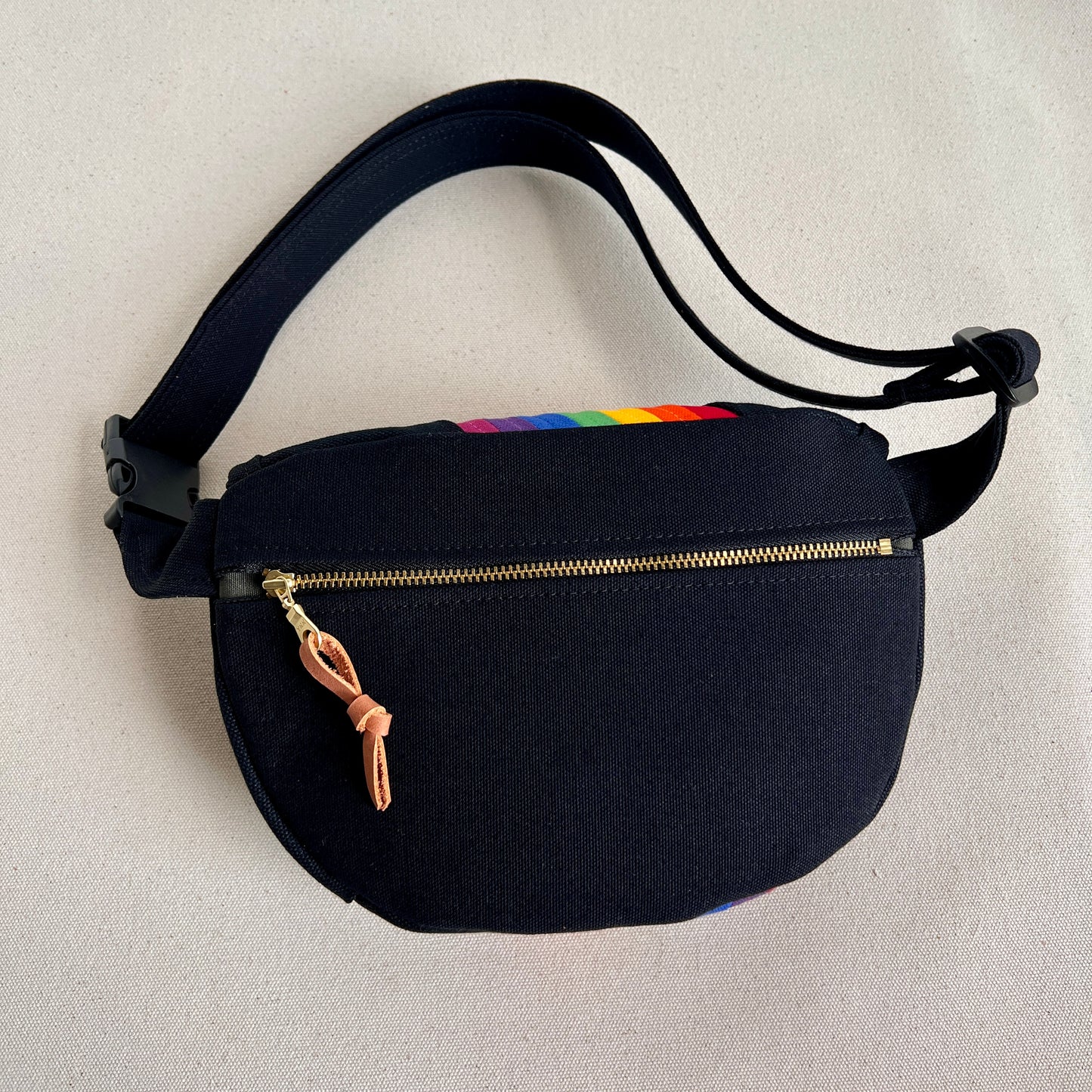 retro stripes fanny bag, black with rainbow-y