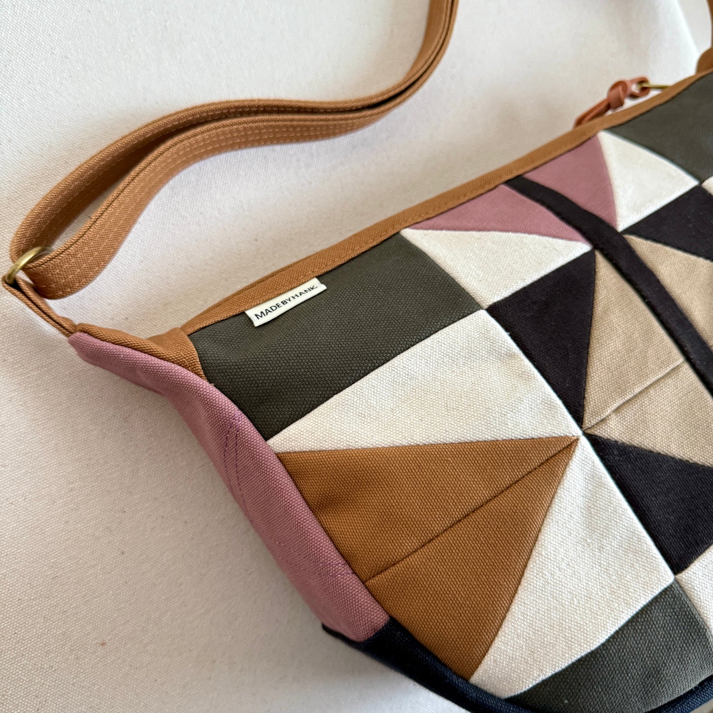 crescent shoulder bag, caramel with mauve/forest/natural/espresso