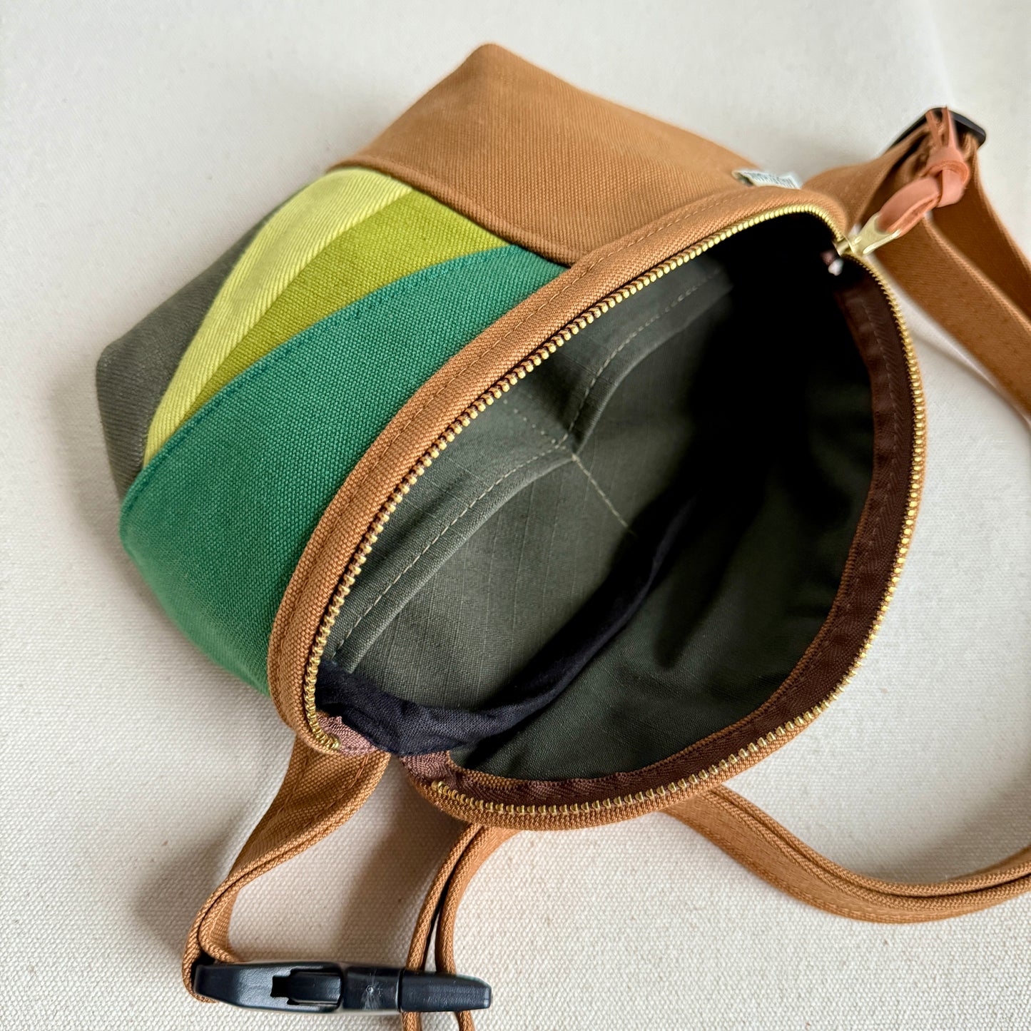 color block fanny bag, caramel with greens and blues
