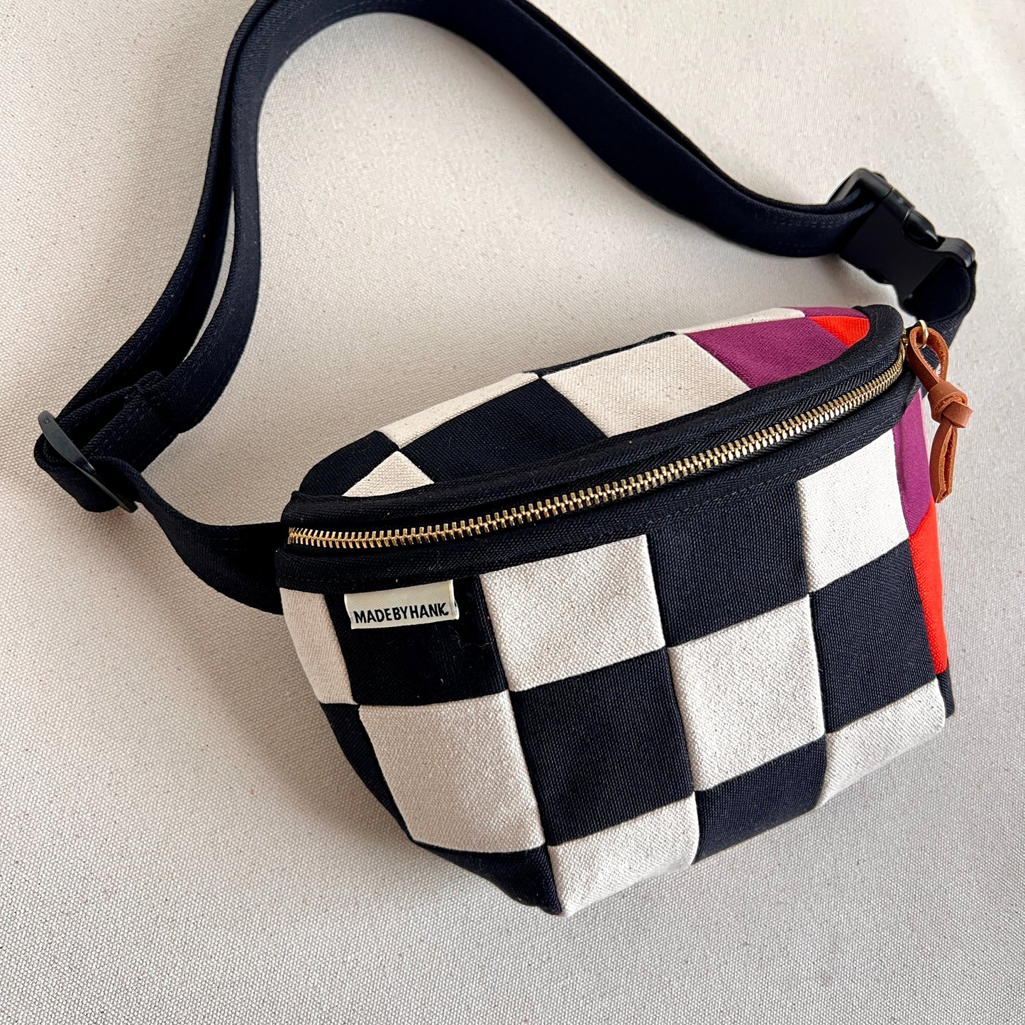 checkerboard fanny bag, black+natural with wine+orange+pink