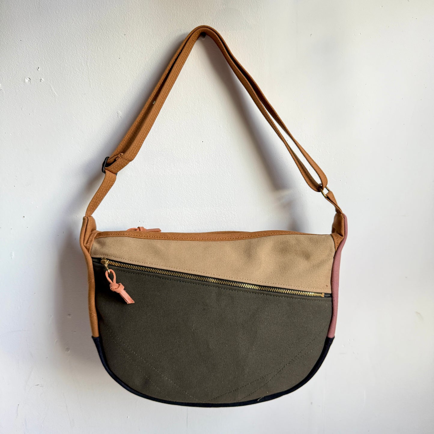 crescent shoulder bag, caramel with mauve/forest/natural/espresso