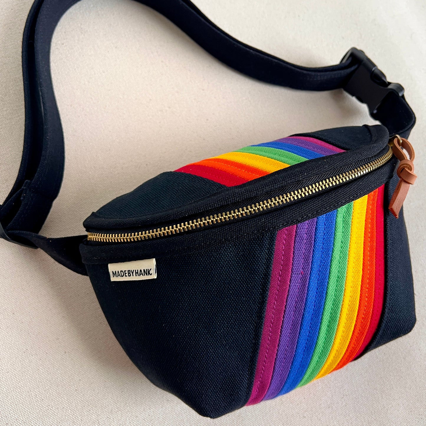retro stripes fanny bag, black with rainbow-y