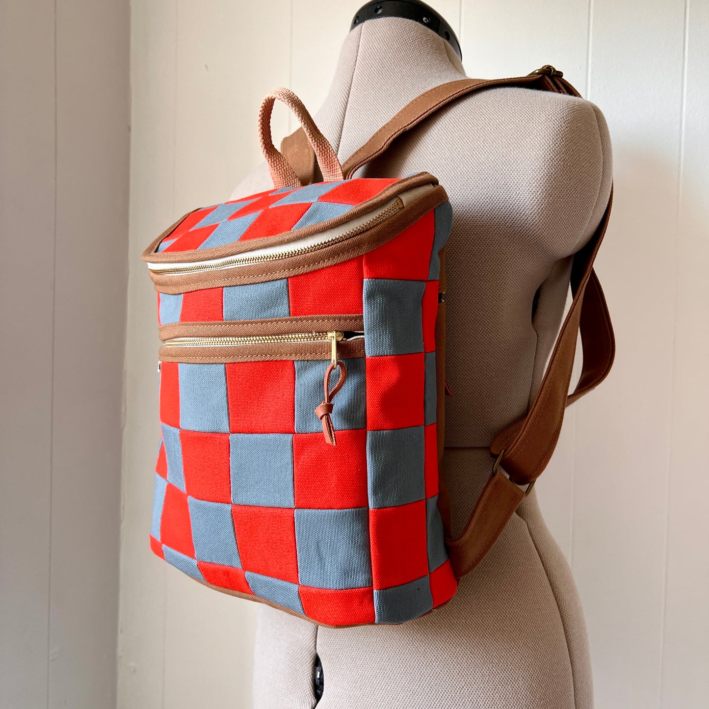checkerboard backpack, tangerine + steel blue