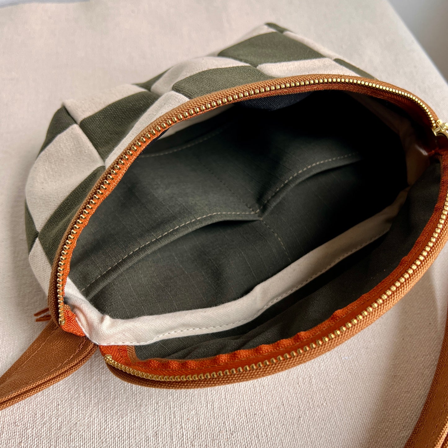 checkerboard fanny bag, natural with slate blue + forest