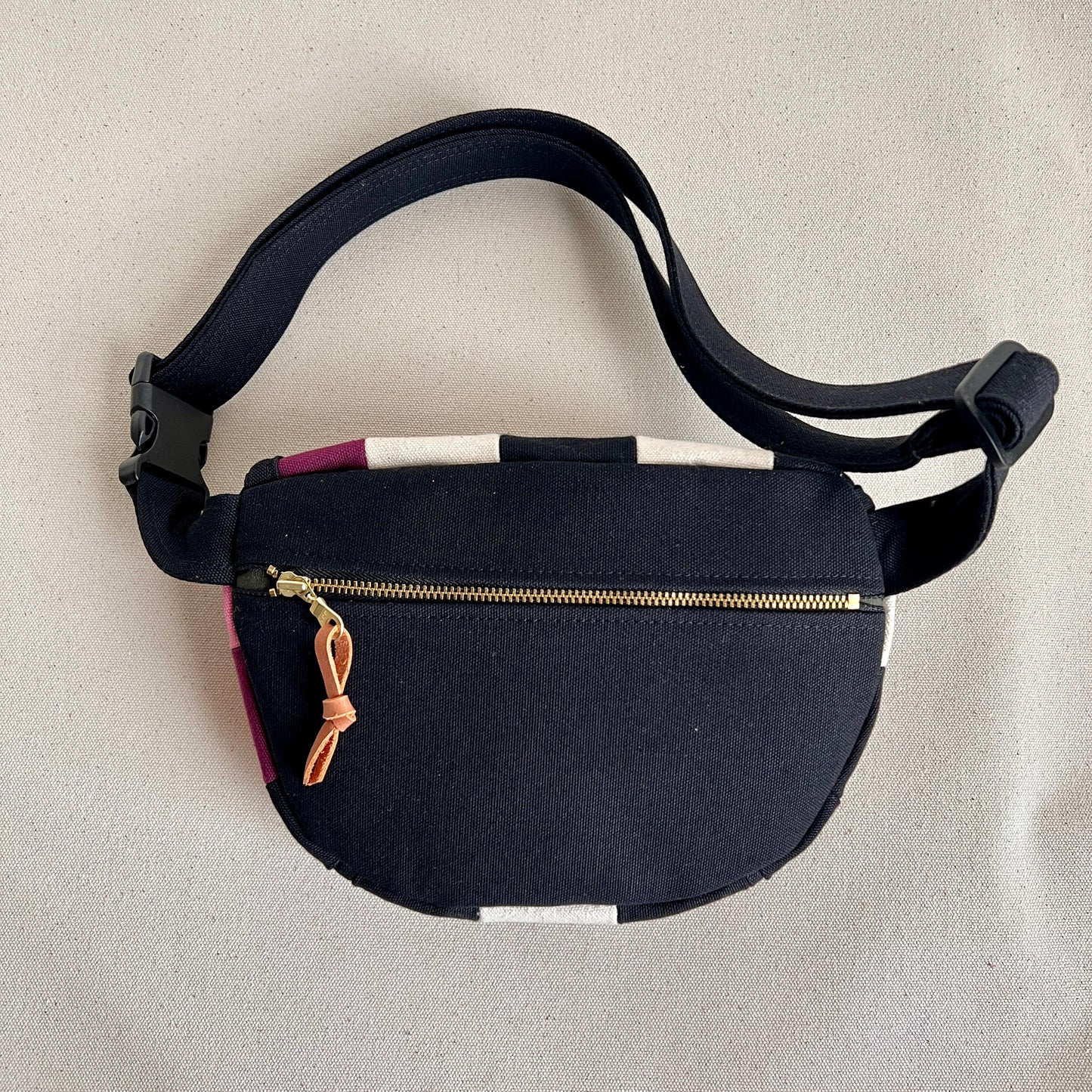 checkerboard fanny bag, black+natural with wine+orange+pink