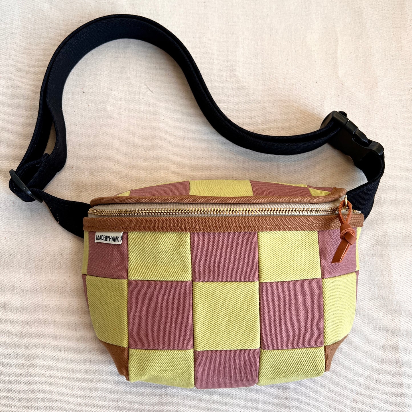checkerboard fanny bag, mauve + celery