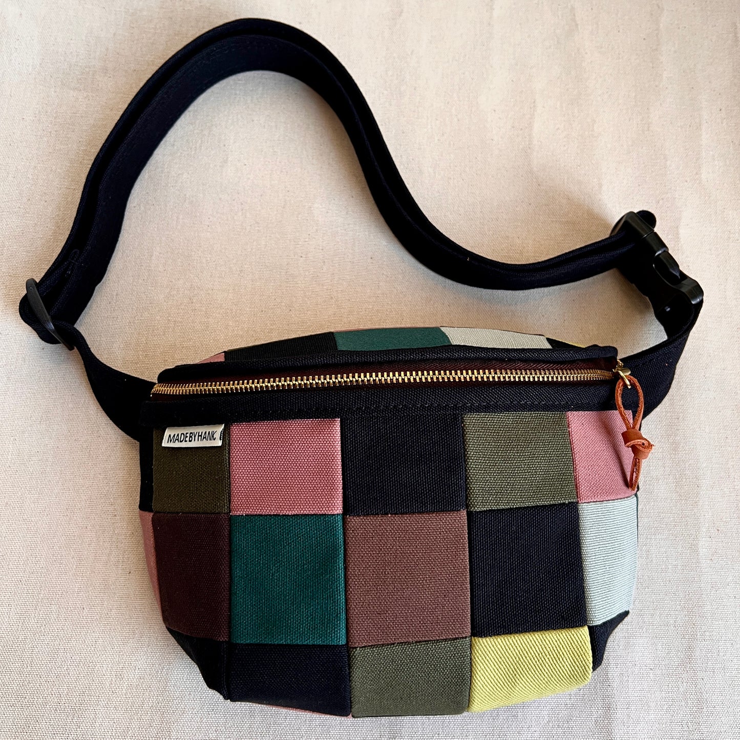 checkerboard fanny bag, mauve/black/forest multi