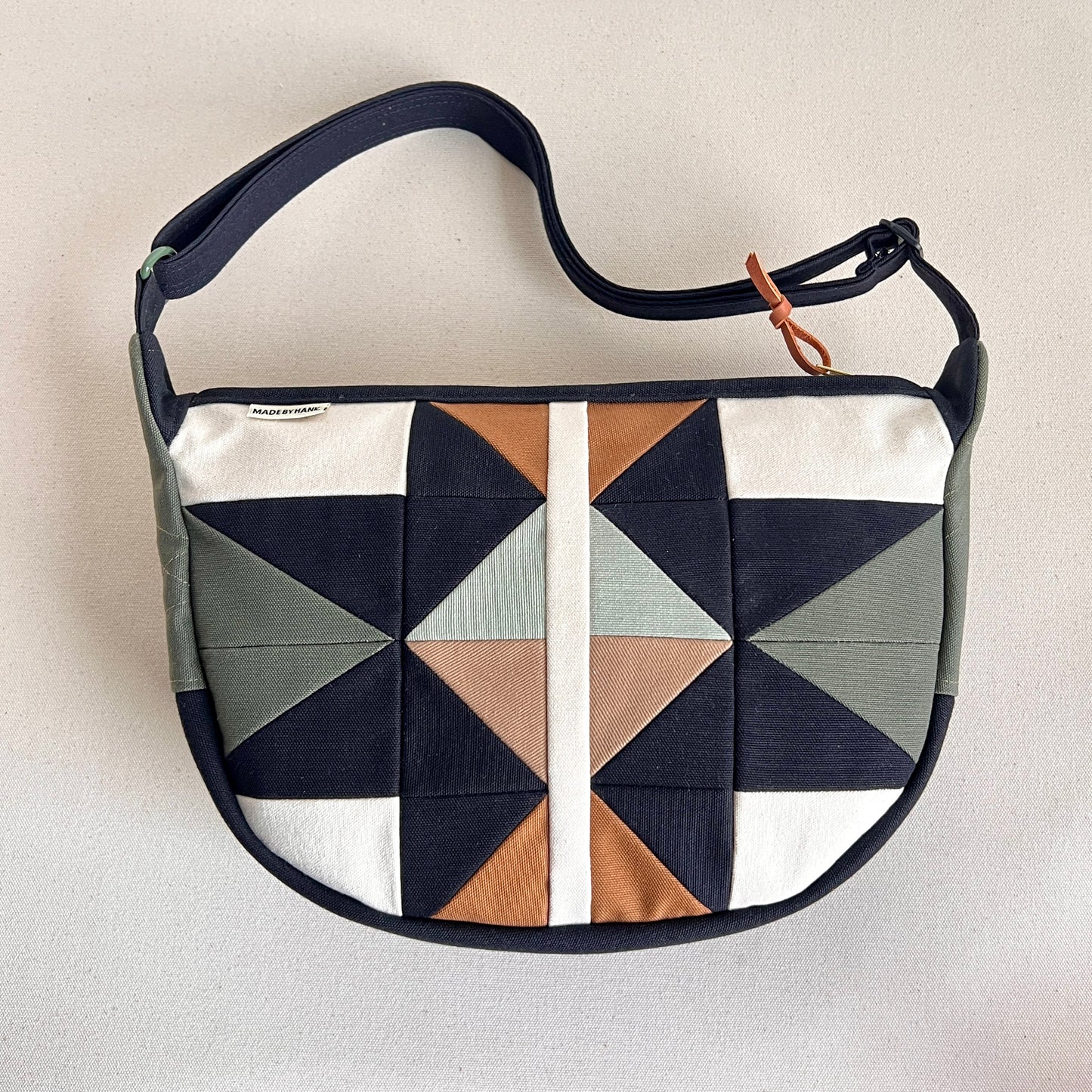 fractured quilt star crescent bag, natural with black/seaglass/sand/caramel