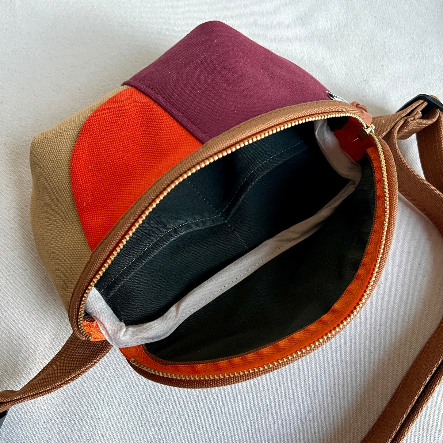 color block fanny bag, caramel/wine/honey/tangerine