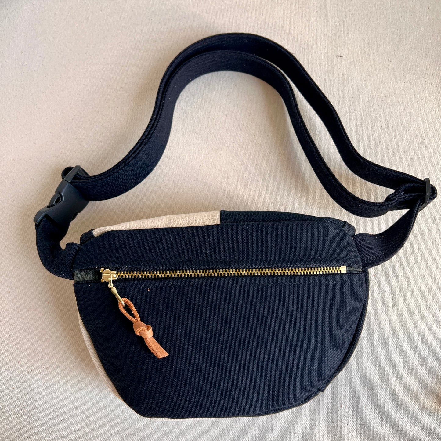 color block fanny bag, black + natural canvas