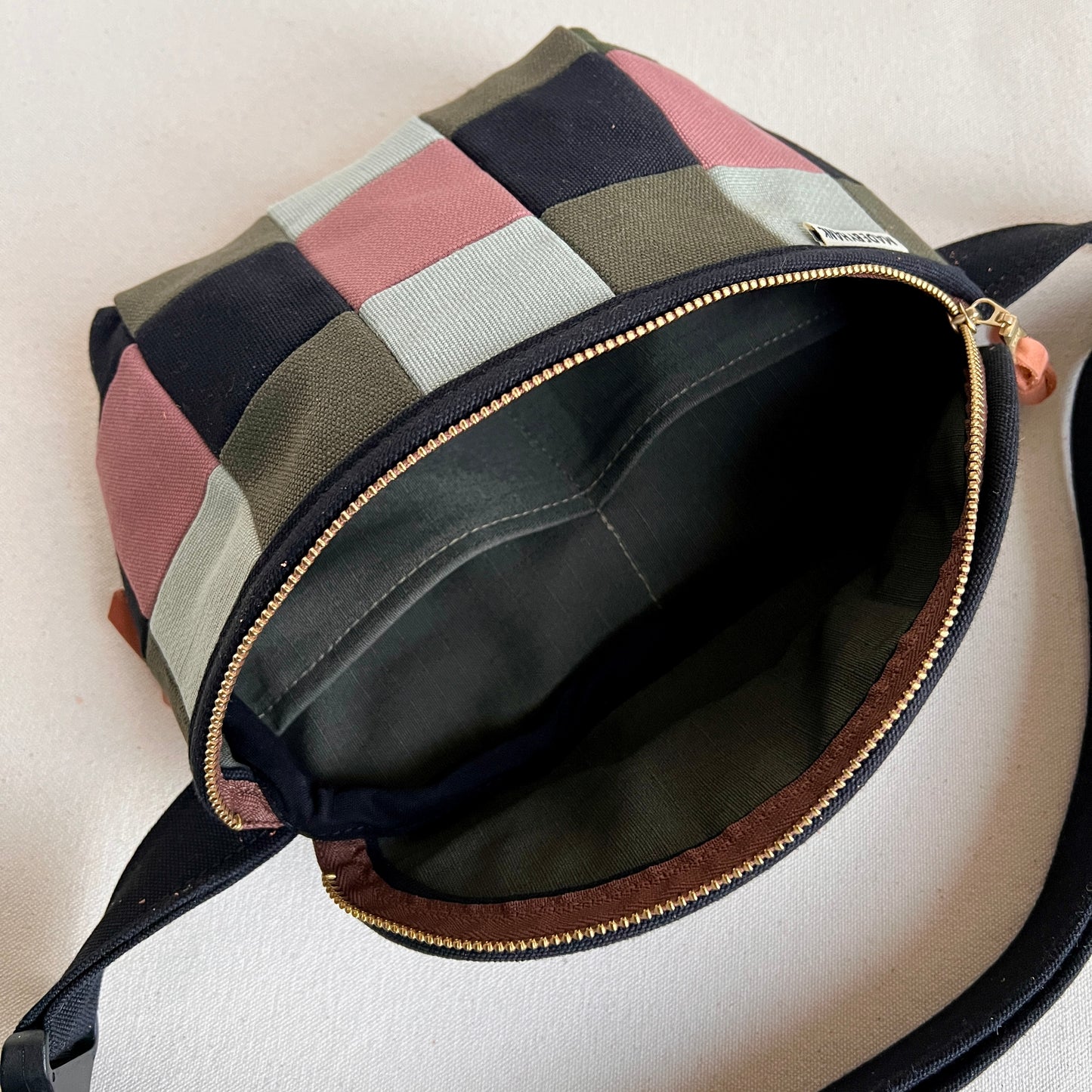 checkerboard fanny bag, mauve/seaglass/black/forest