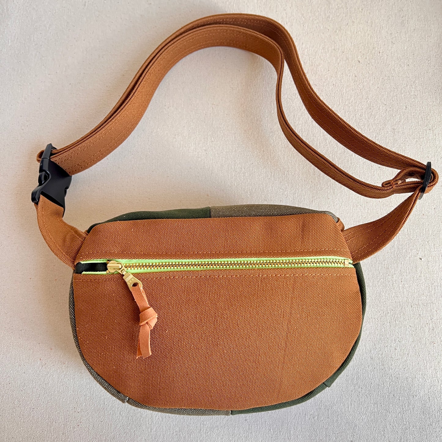 color block fanny bag, forest and muted olive
