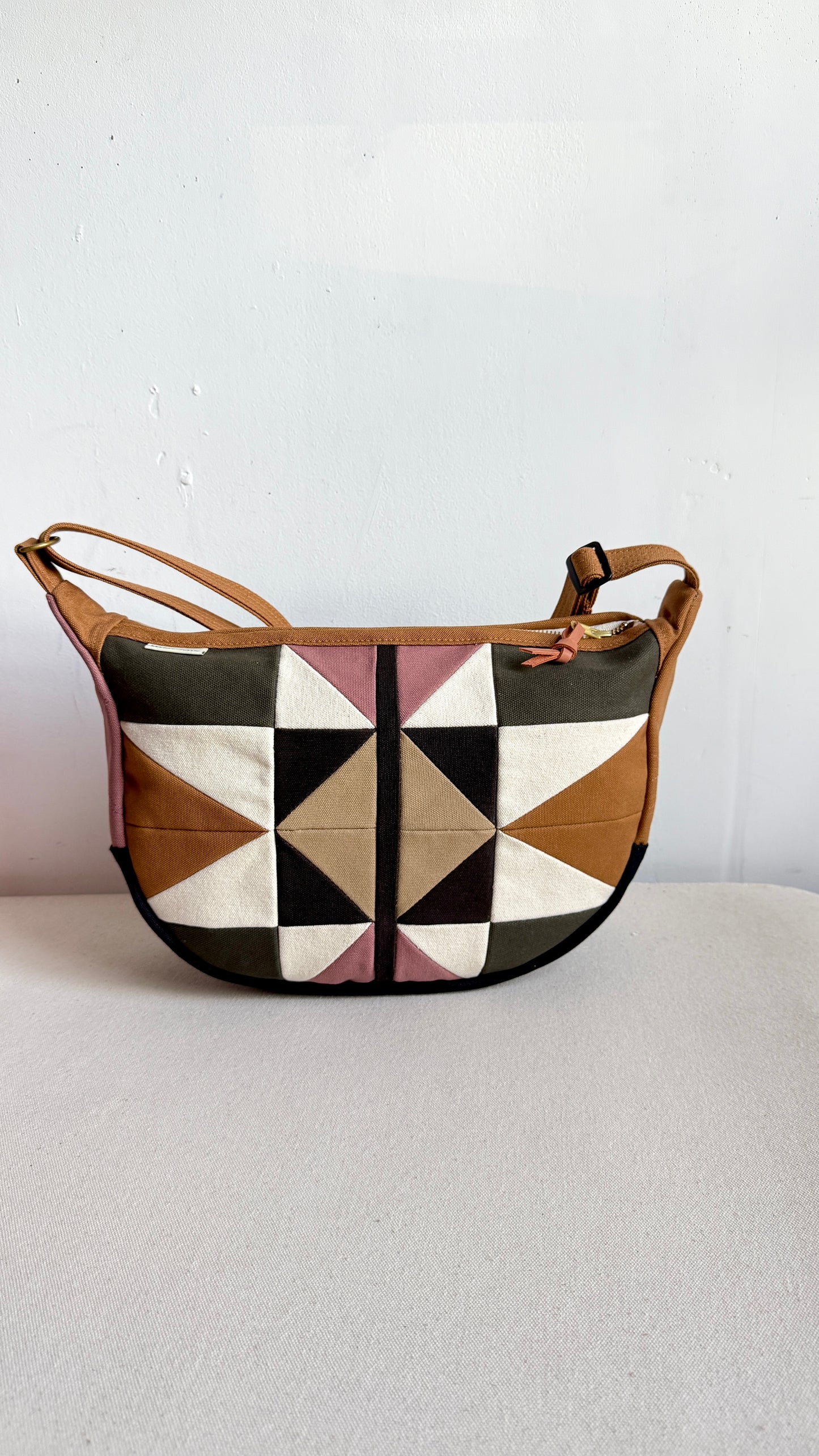 crescent shoulder bag, caramel with mauve/forest/natural/espresso