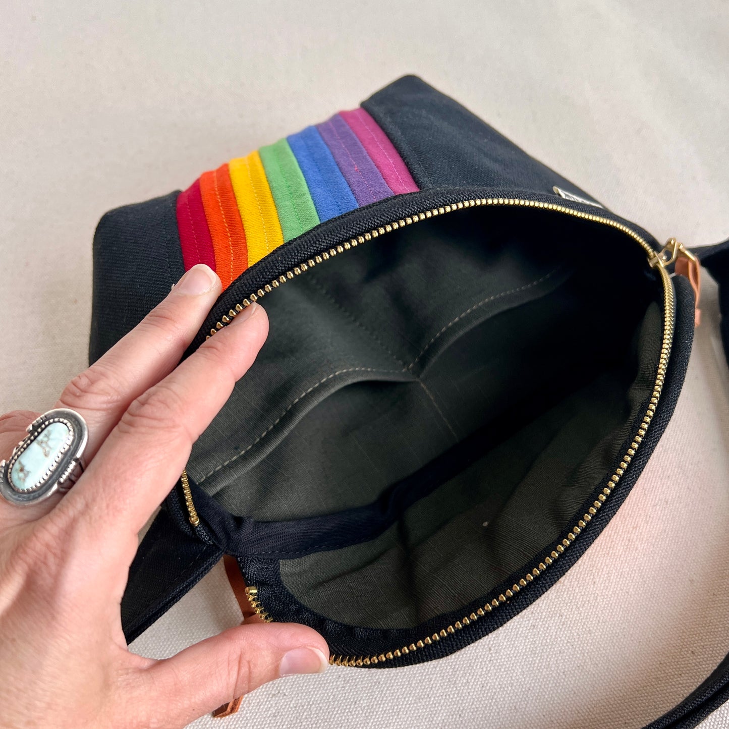 retro stripes fanny bag, black with rainbow-y