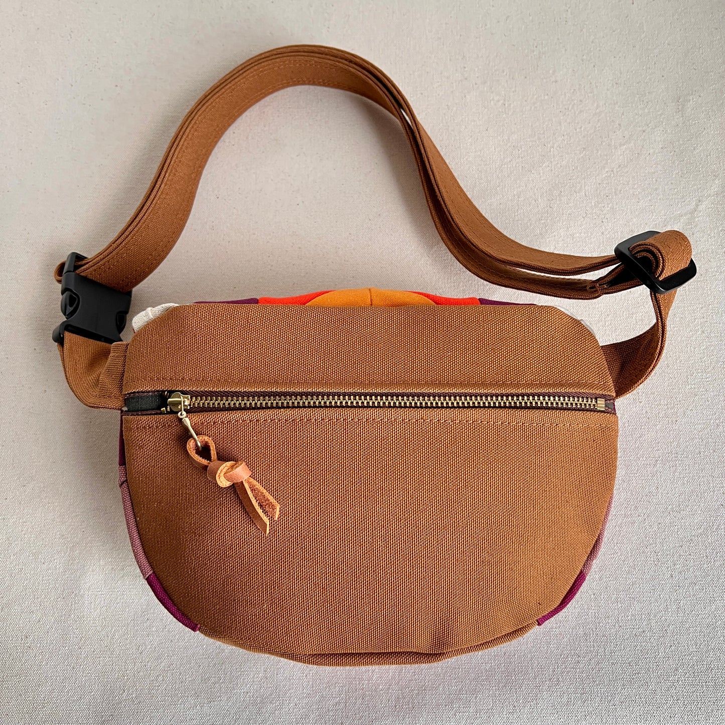 quilt star fanny bag, natural with wine/mauve/tangerine/ochre
