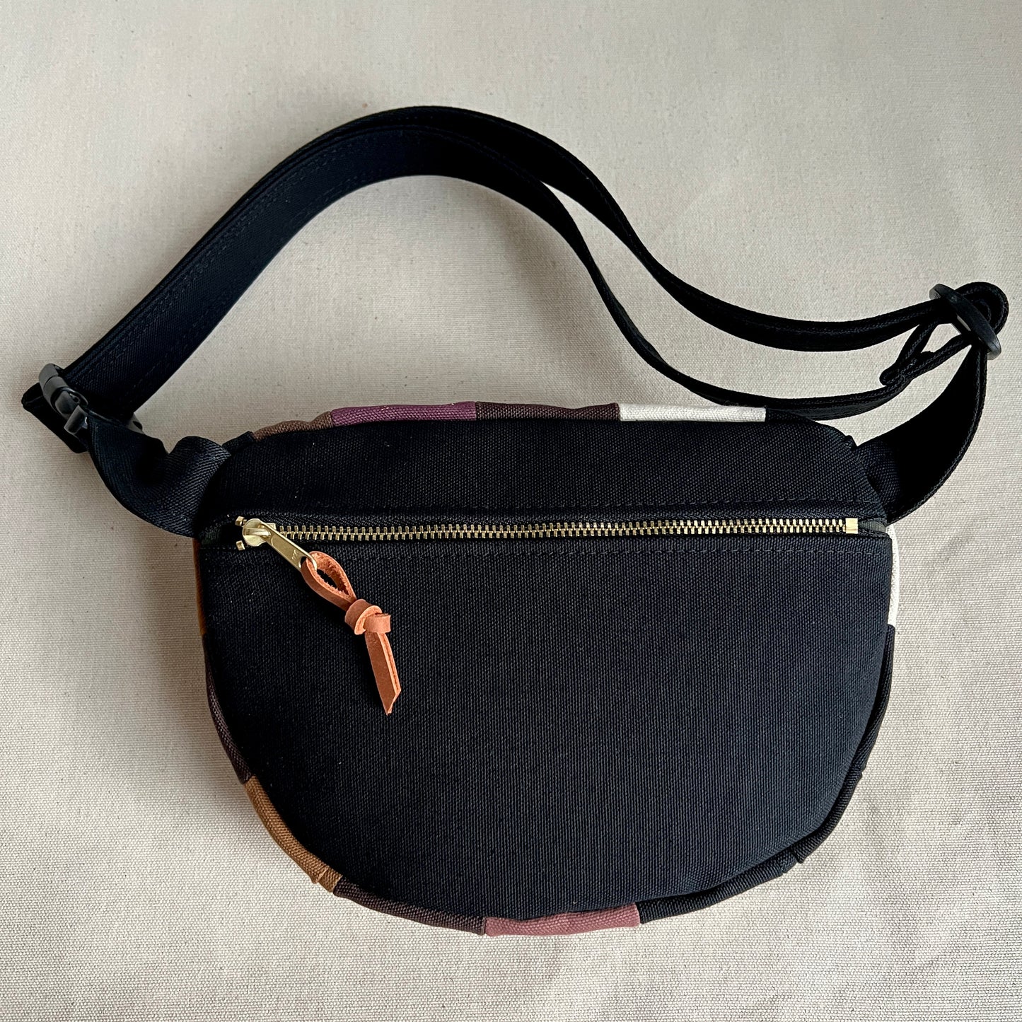 checkerboard fanny bag, black + natural with mauve +browns