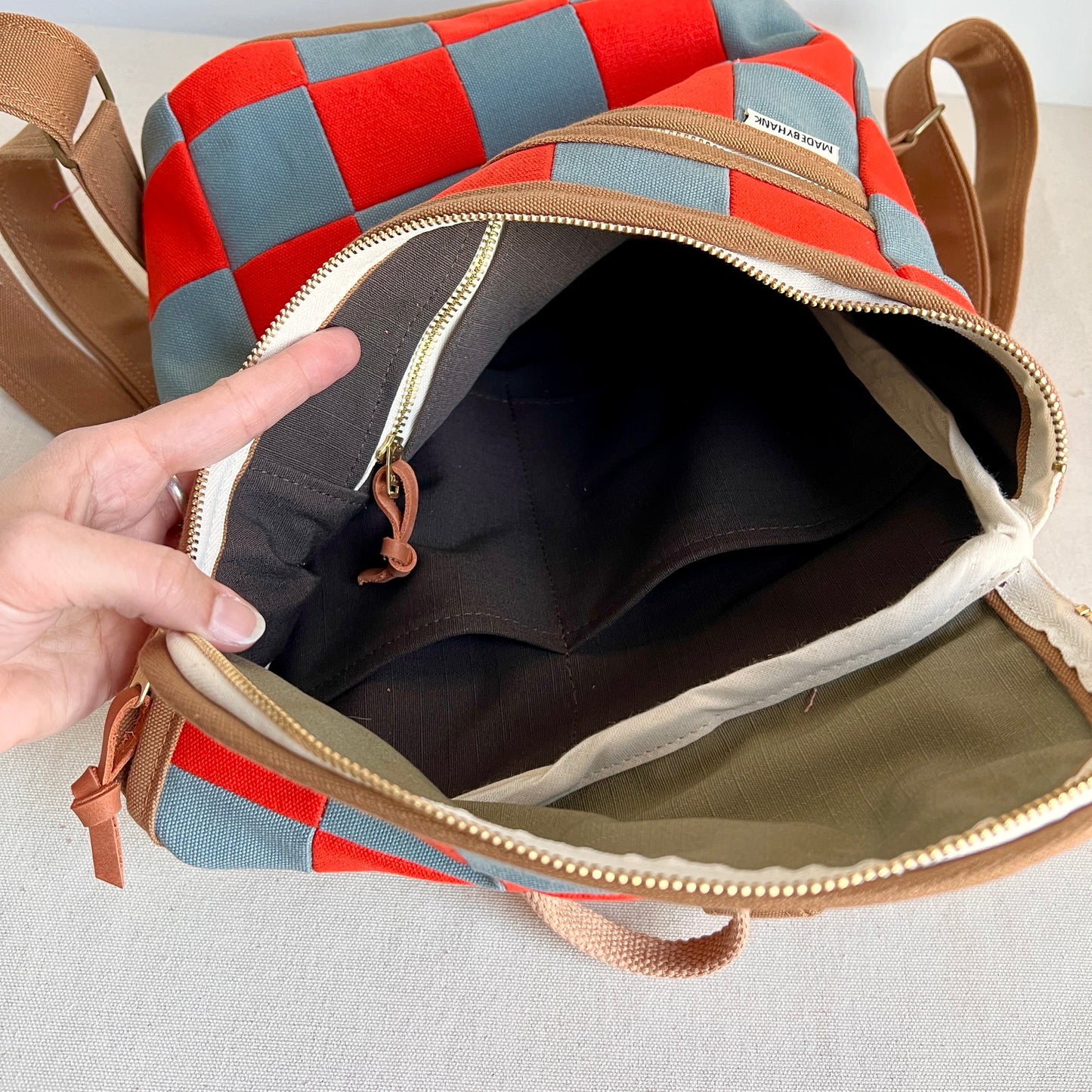 checkerboard backpack, tangerine + steel blue