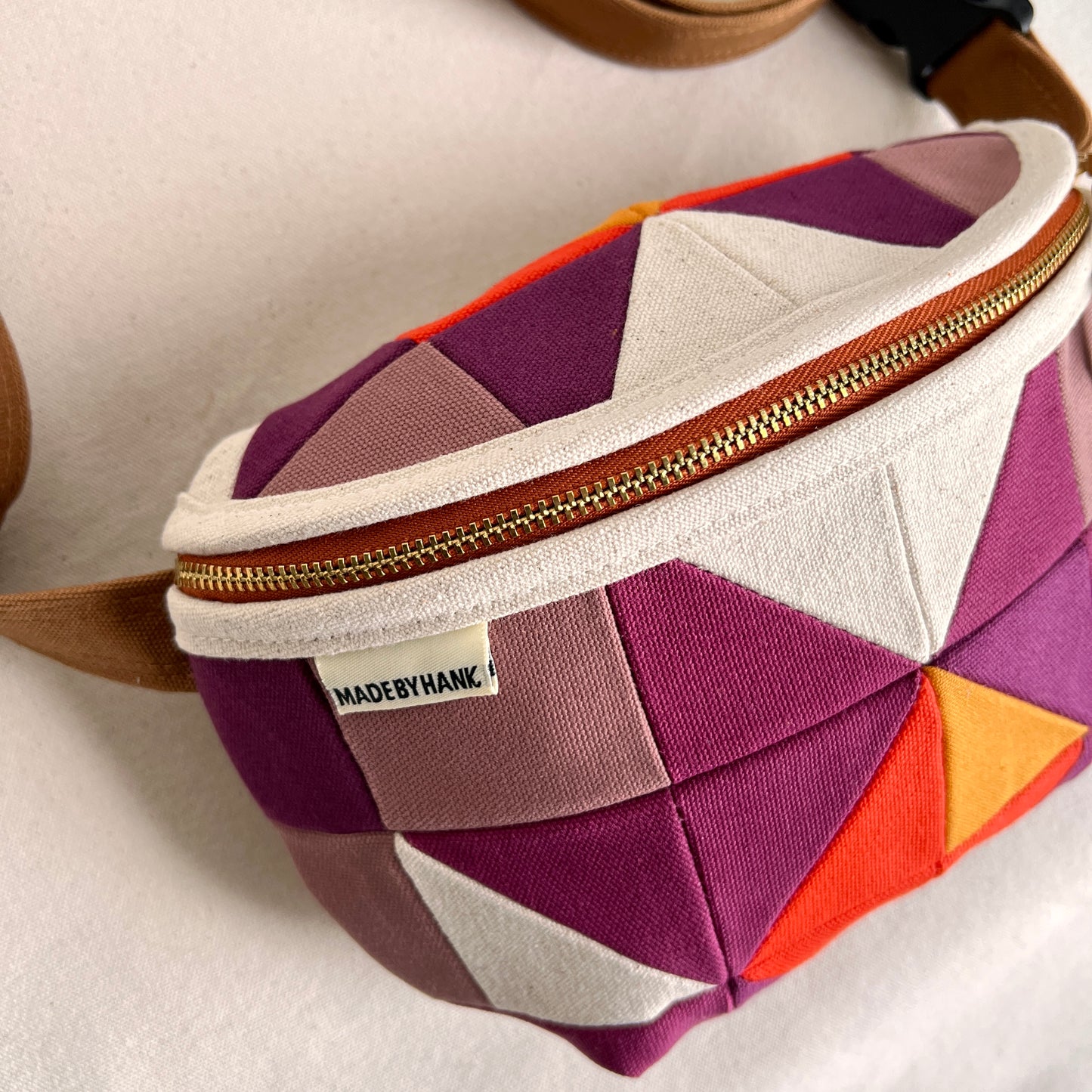 quilt star fanny bag, natural with wine/mauve/tangerine/ochre