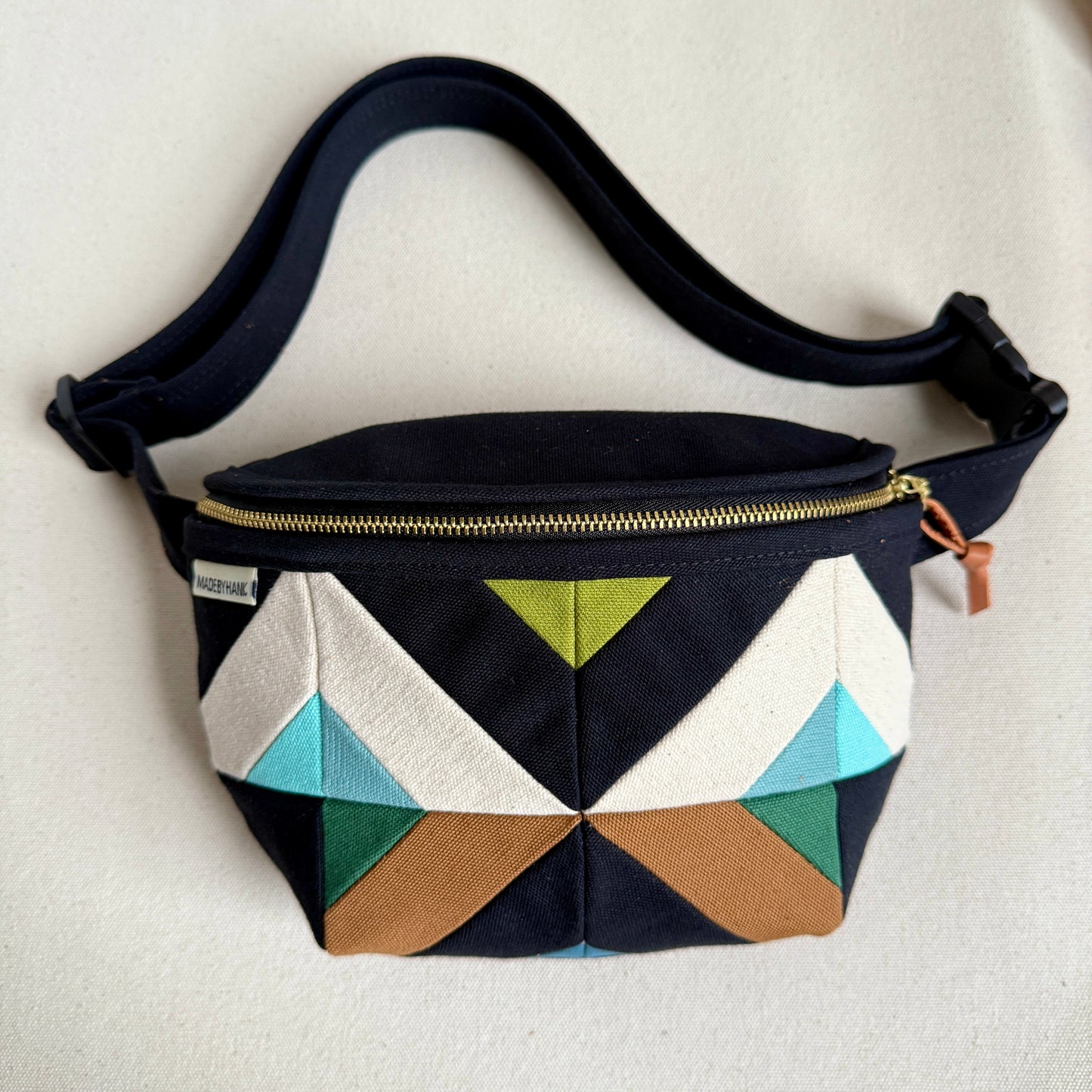 kaleidoscope fanny bag, black with natural/aqua/jade/caramel