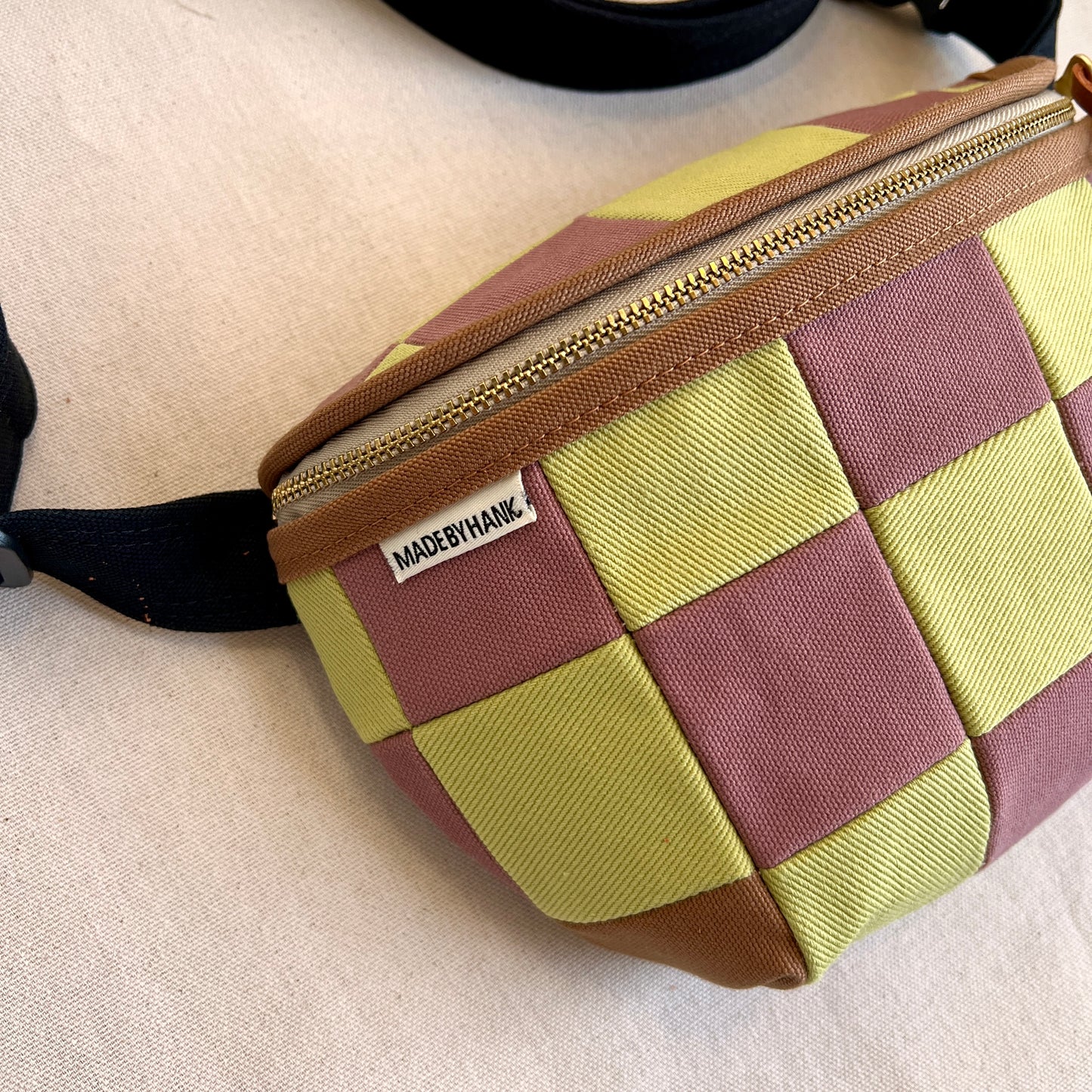 checkerboard fanny bag, mauve + celery