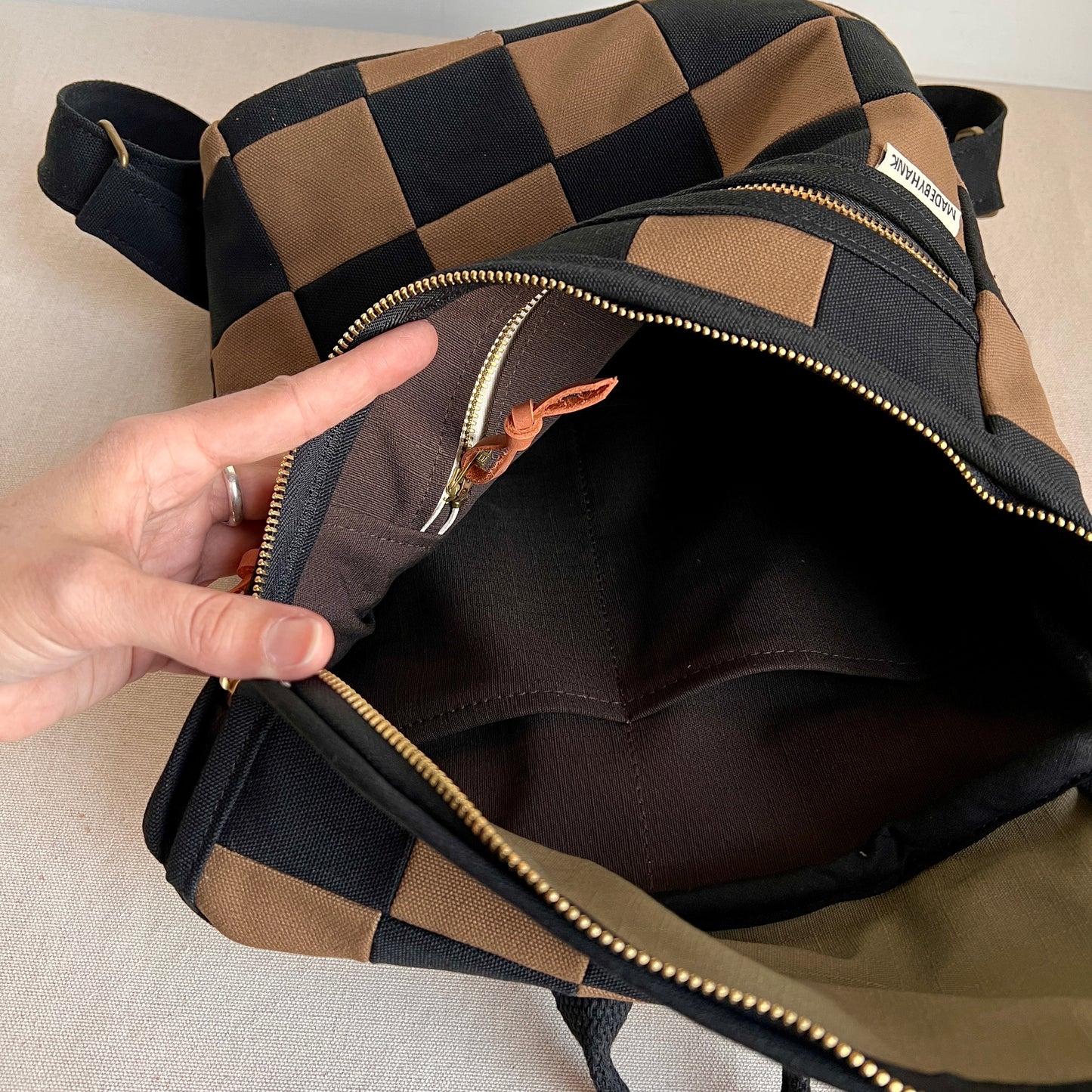 checkberoard backpack, black + mushroom