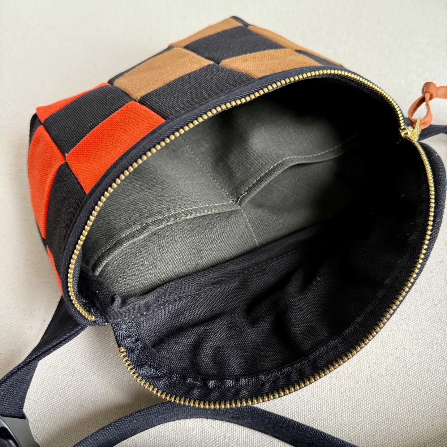 checkerboard fanny bag, black/caramel/tangerine/natural/gray