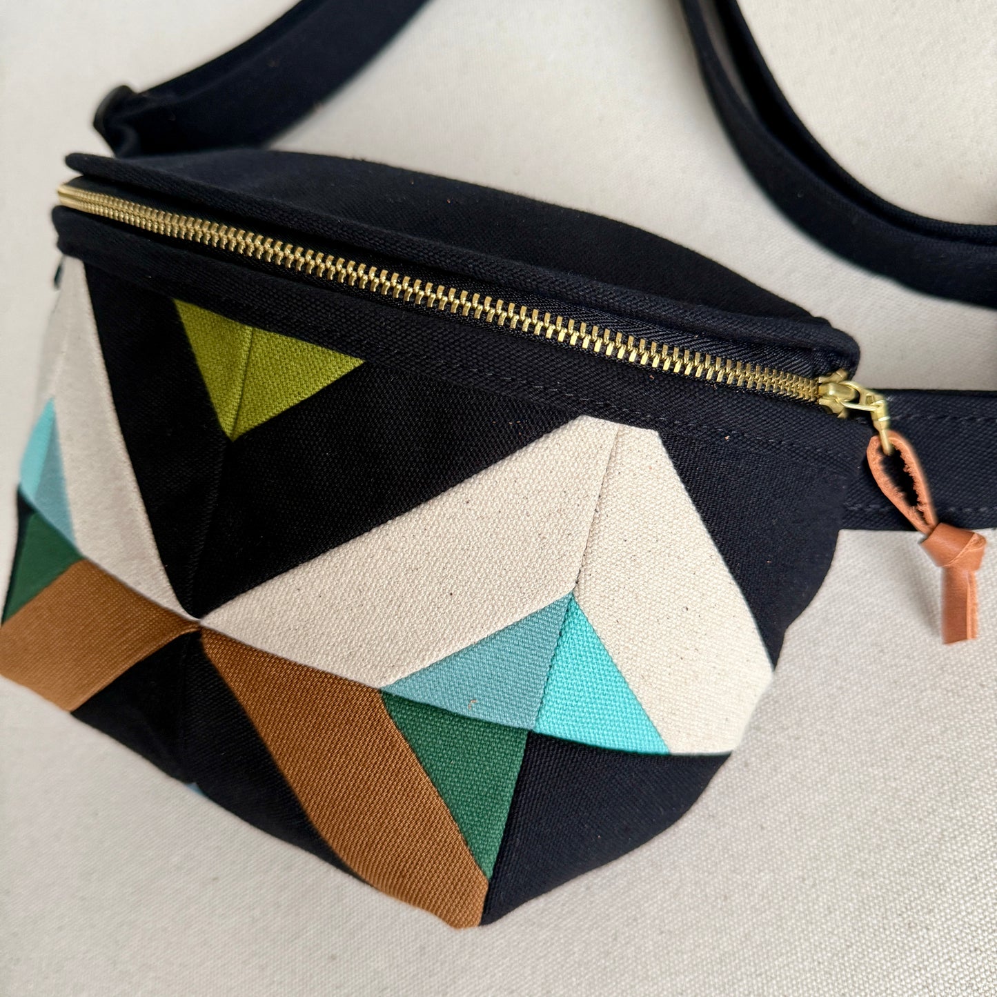 kaleidoscope fanny bag, black with natural/aqua/jade/caramel