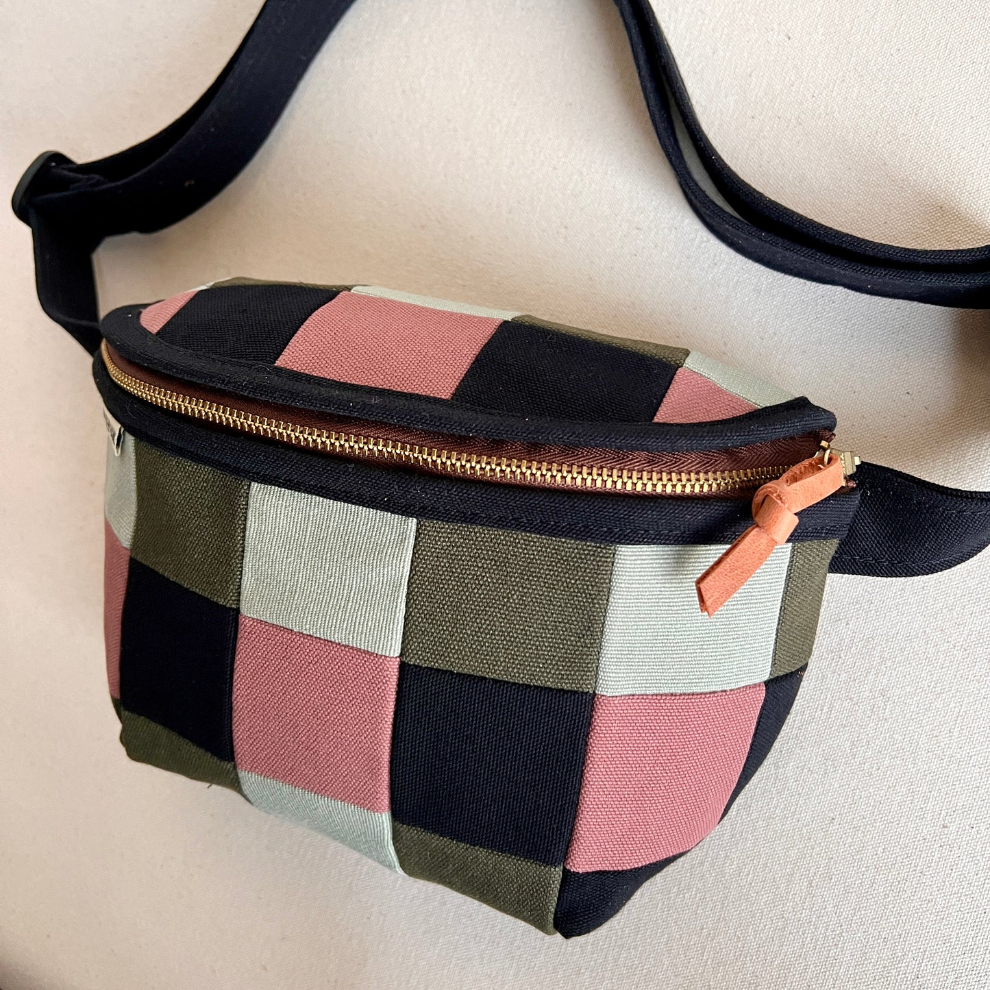checkerboard fanny bag, mauve/seaglass/black/forest