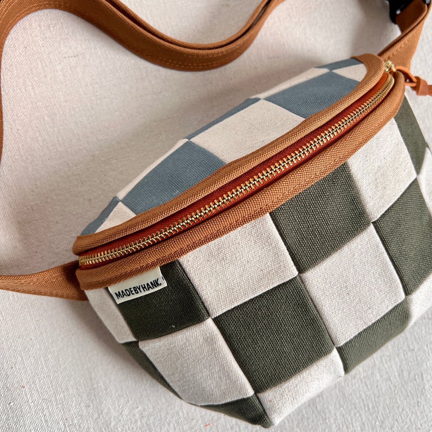 checkerboard fanny bag, natural with slate blue + forest