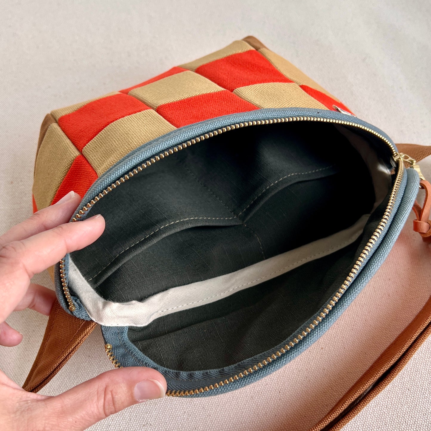 checkerboard fanny bag, honey/flaming hot orange/slate blue (neon buckle!)