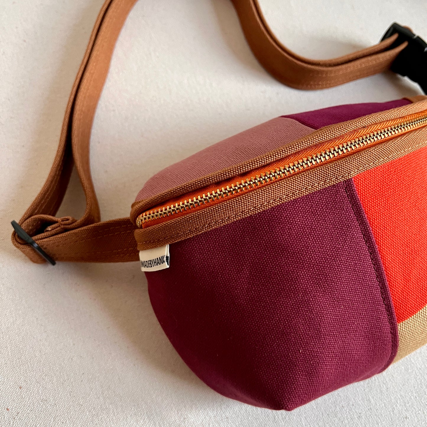 color block fanny bag, caramel/wine/honey/tangerine