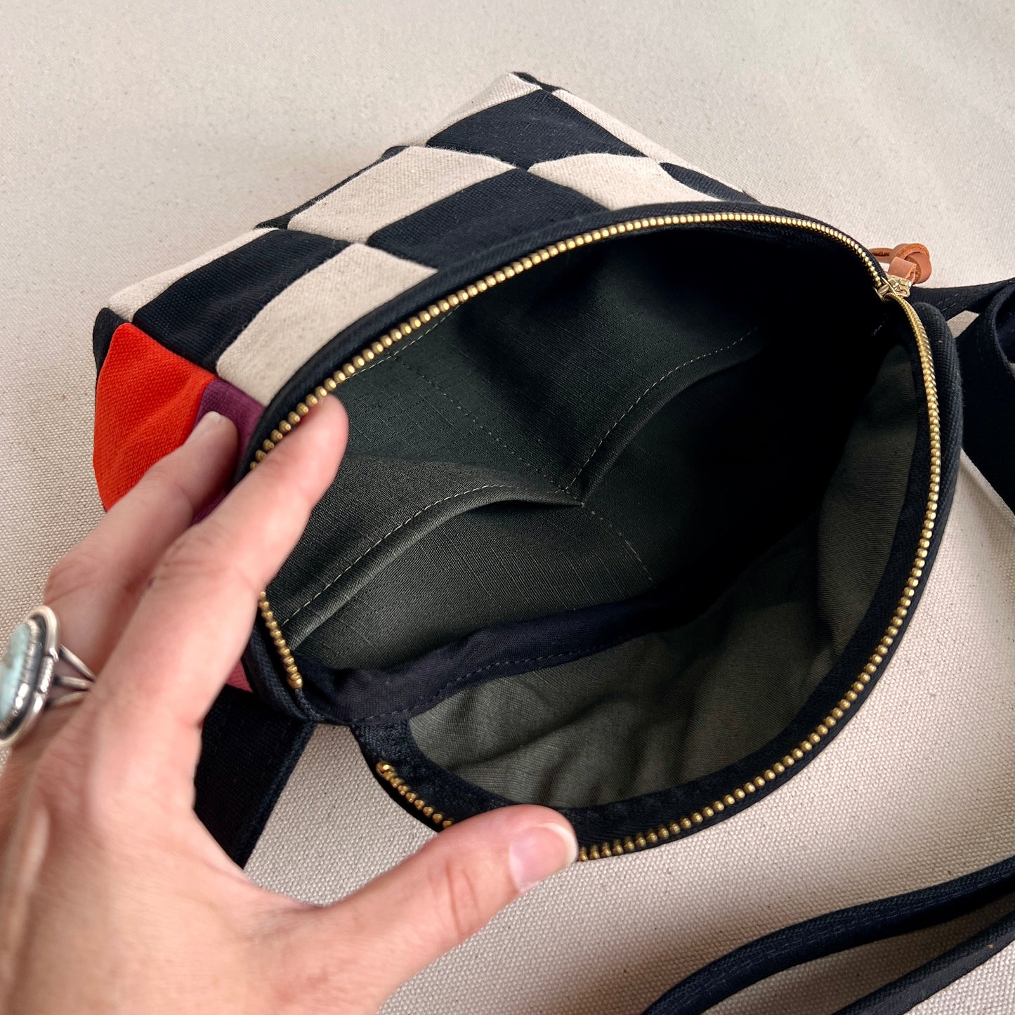 checkerboard fanny bag, black+natural with wine+orange+pink
