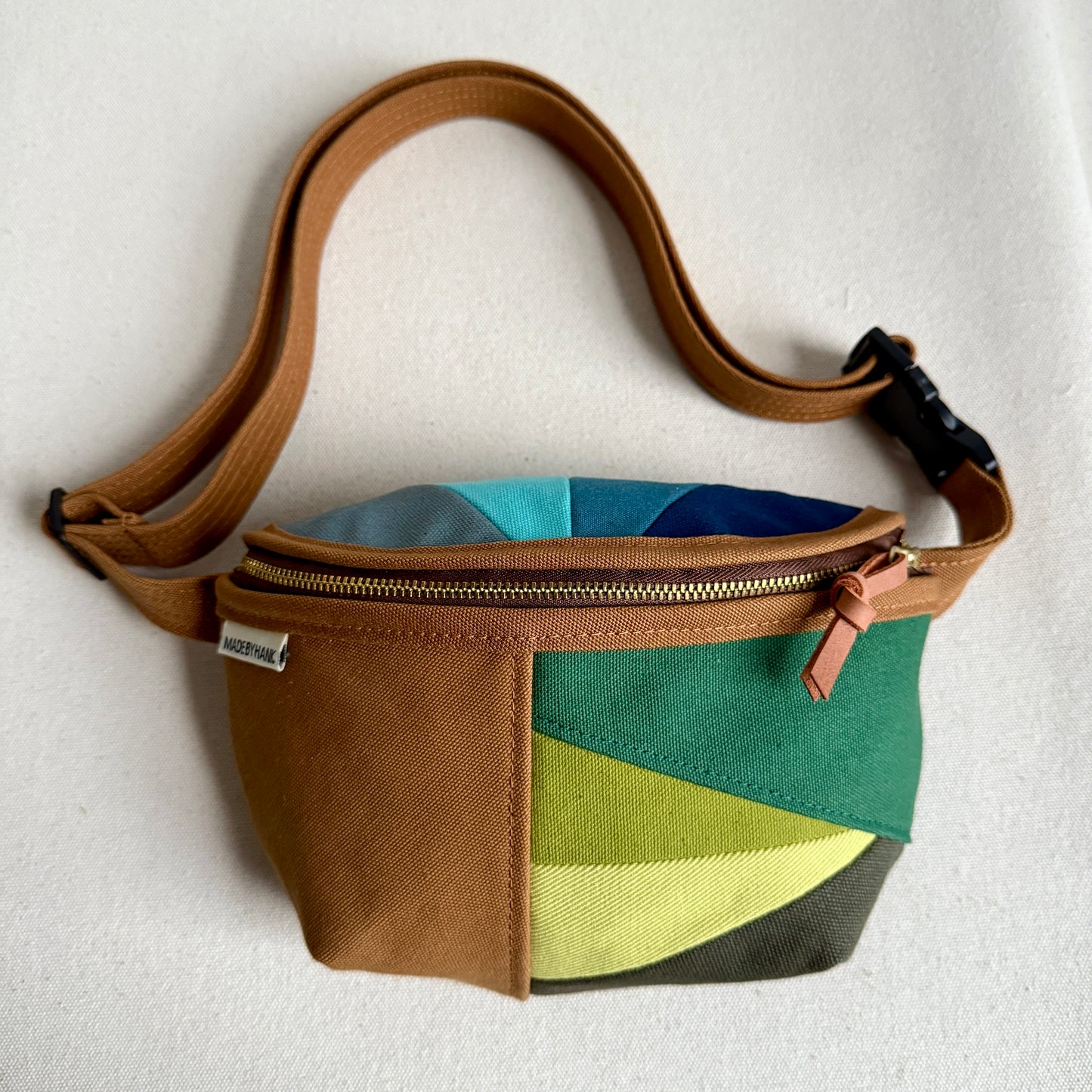 color block fanny bag, caramel with greens and blues