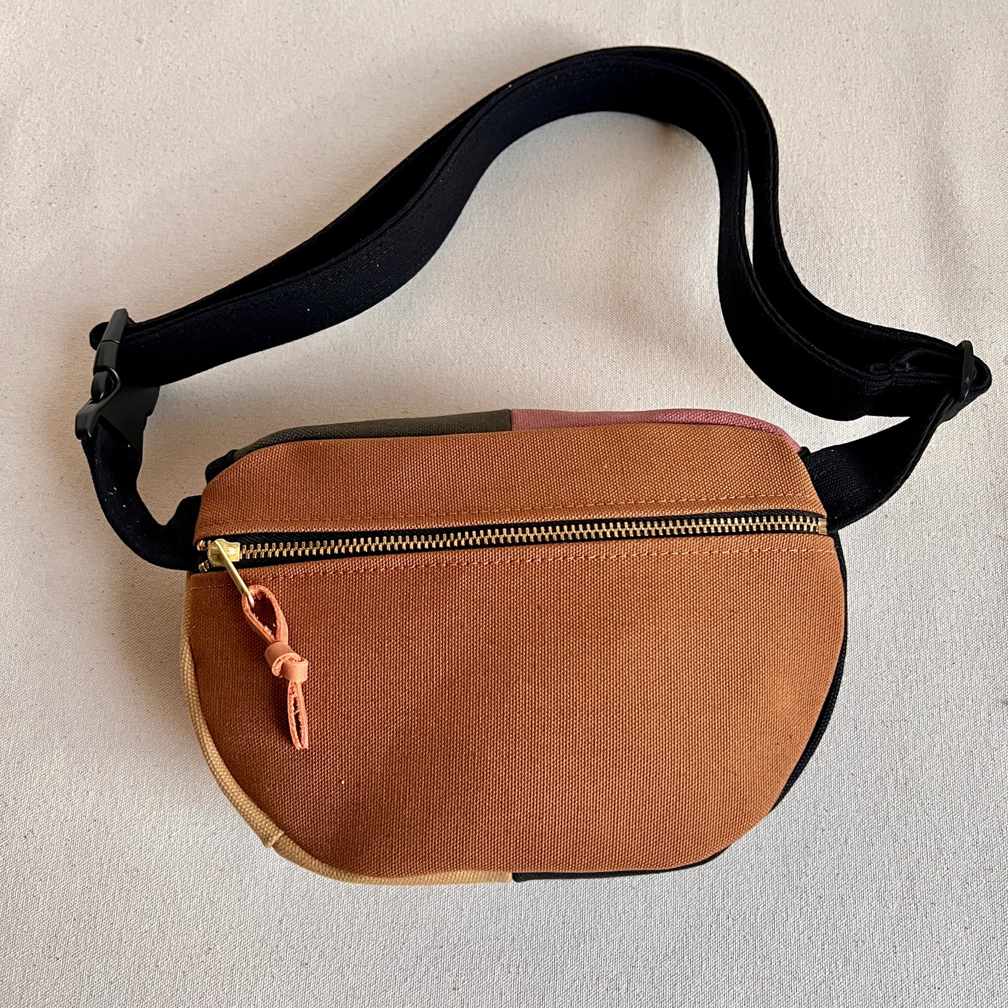 color block fanny bag, natural/honey/caramel/black/forest/mauve/steel blue