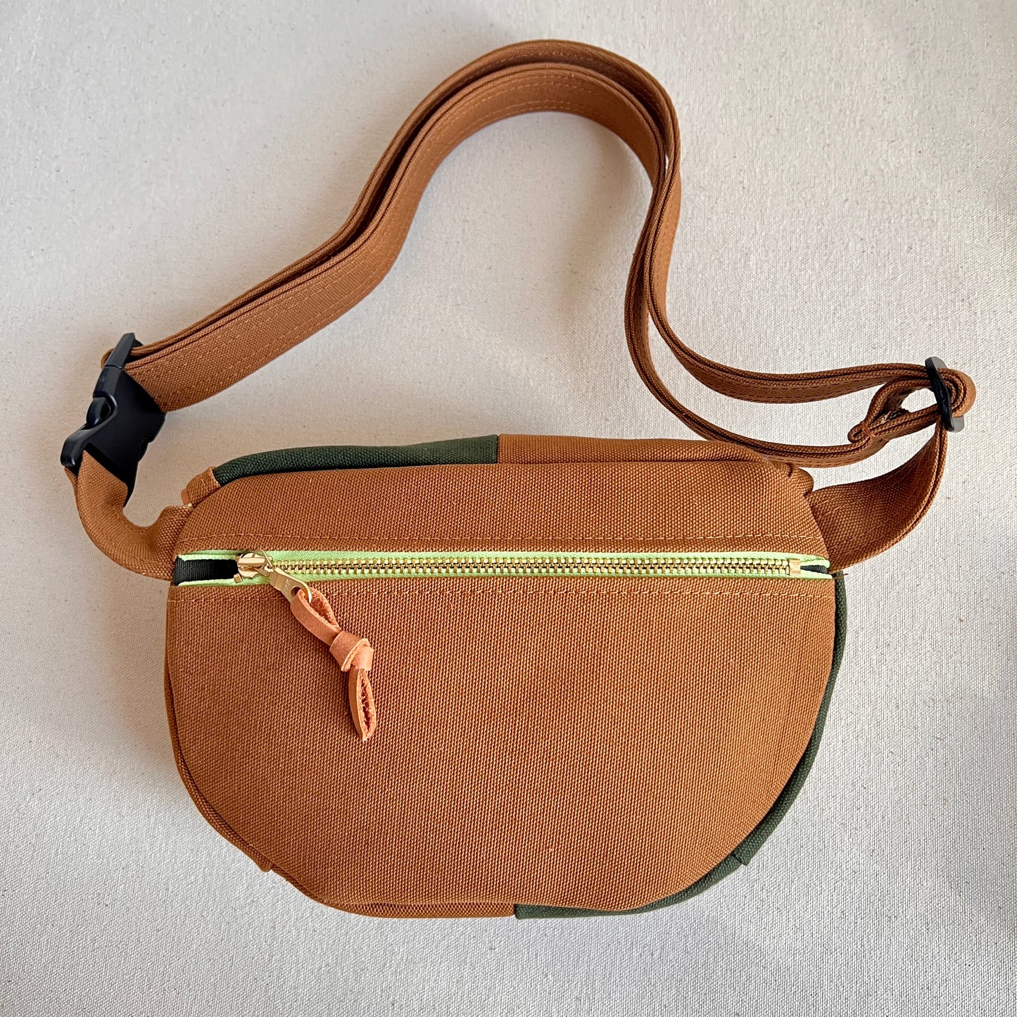 color block fanny bag, forest + caramel with tangerine