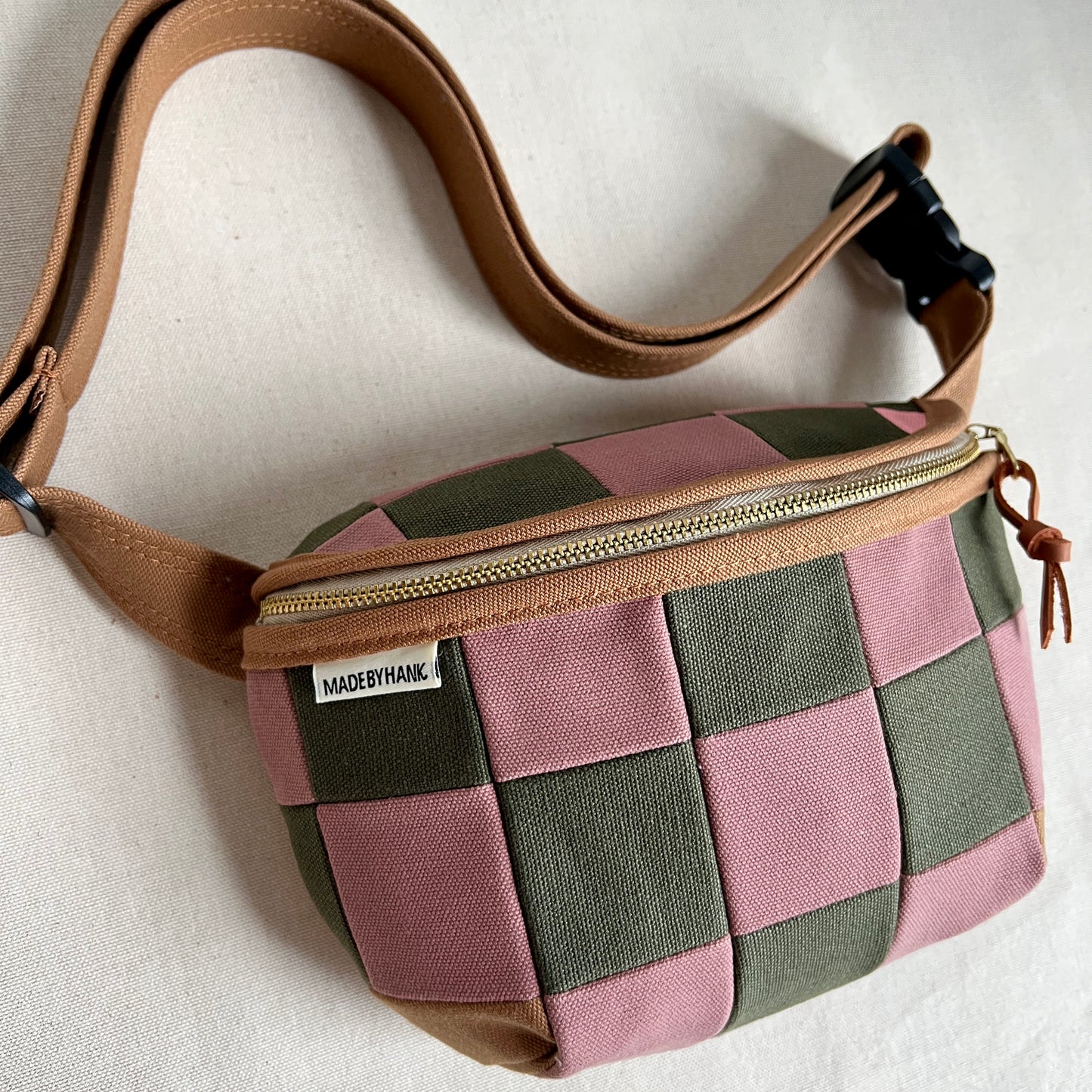 checkerboard fanny bag, mauve + forest