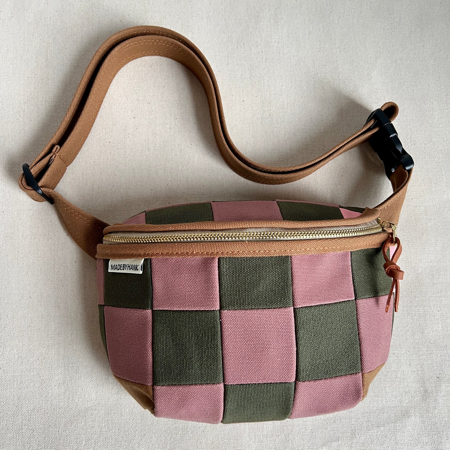 checkerboard fanny bag, mauve + forest