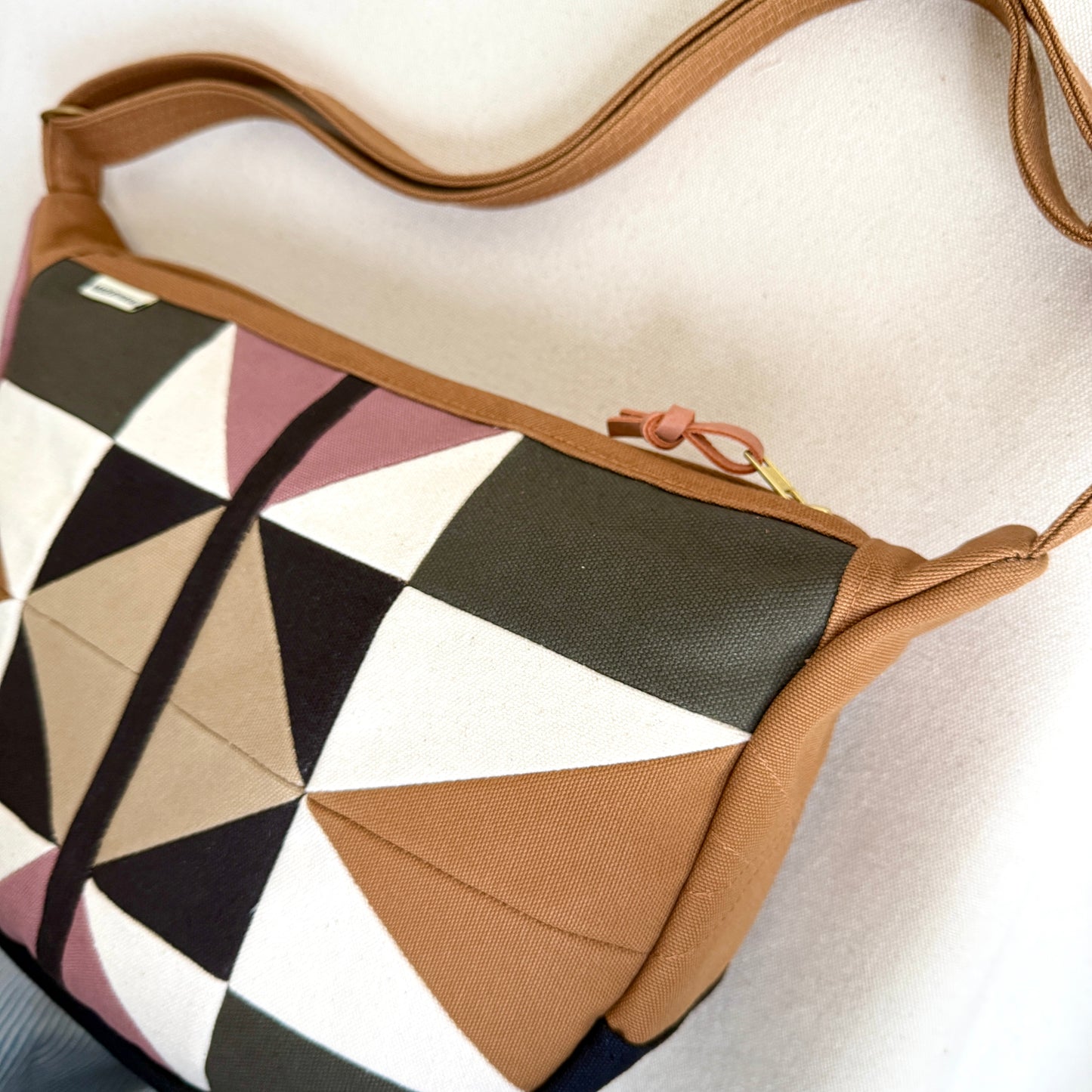 crescent shoulder bag, caramel with mauve/forest/natural/espresso