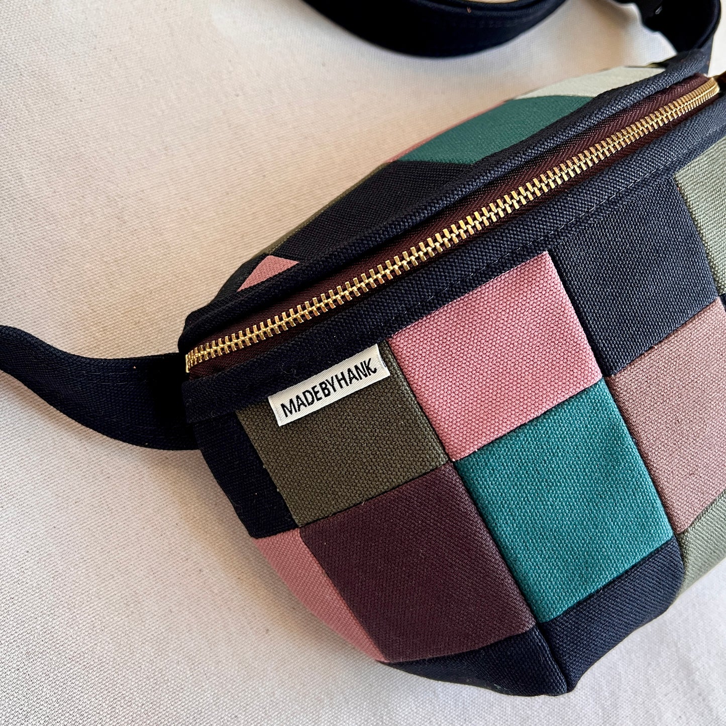 checkerboard fanny bag, mauve/black/forest multi
