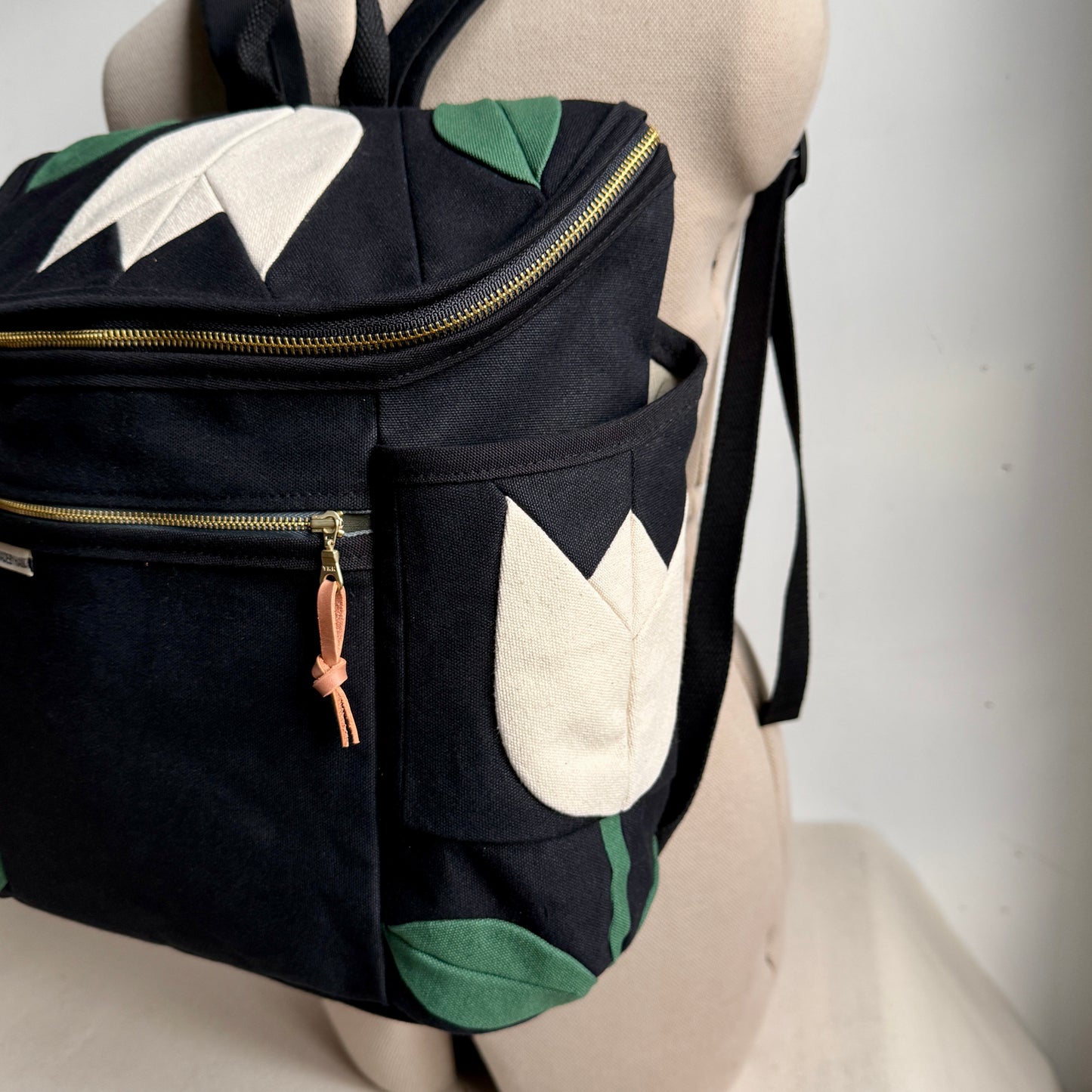 **PRE-ORDER** Roomier Backpack with Tulips, Black with Natural and Teal Green