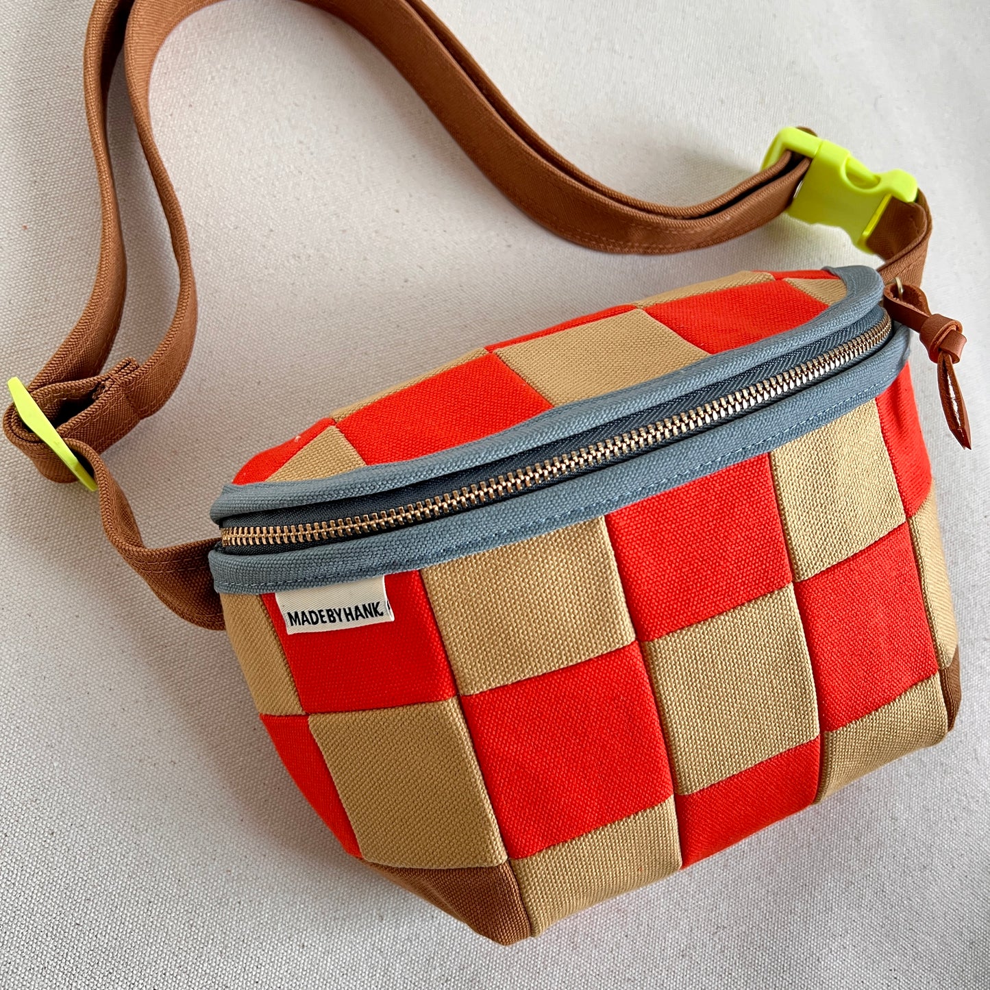 checkerboard fanny bag, honey/flaming hot orange/slate blue (neon buckle!)